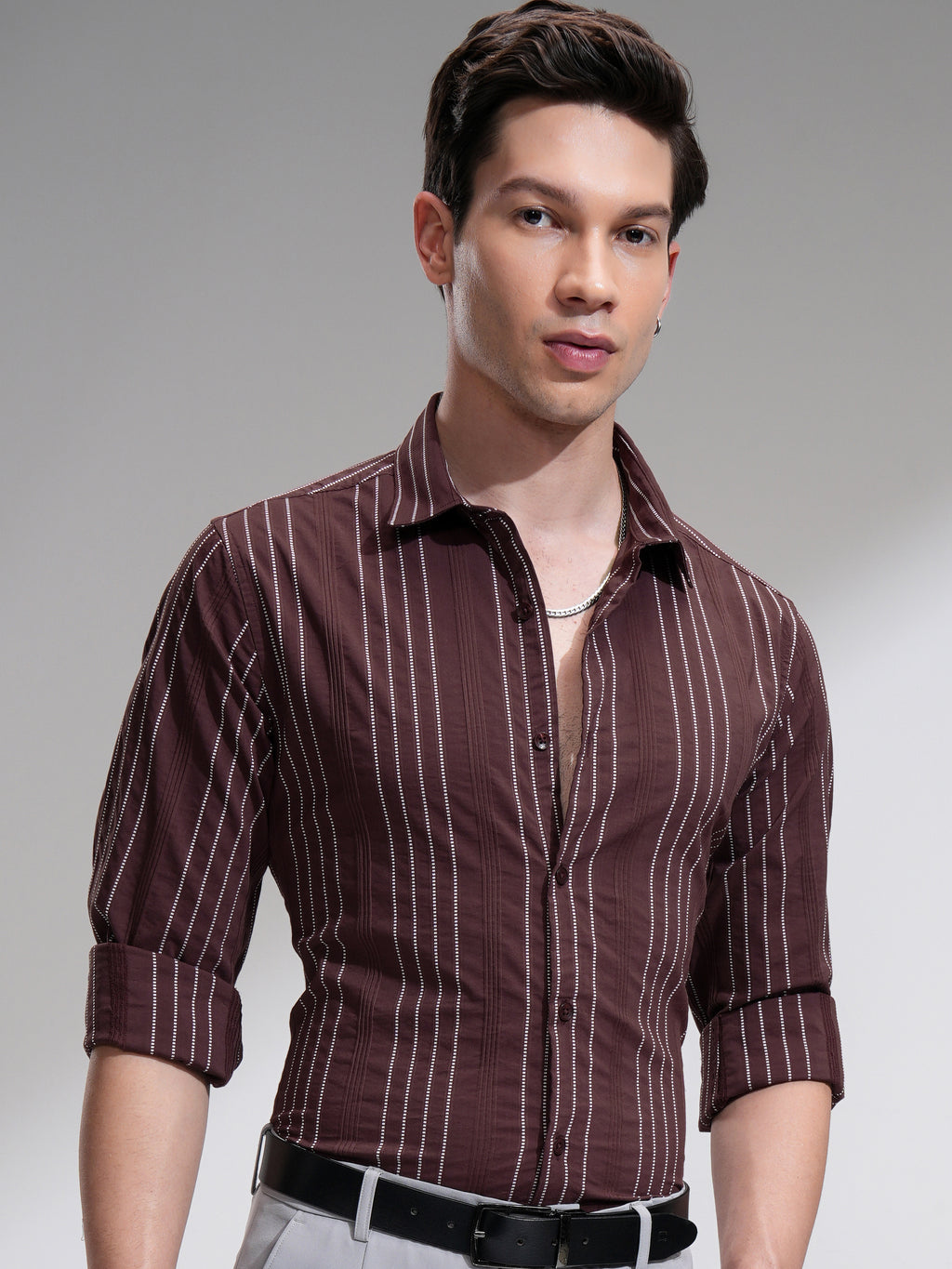 Highlander Men Maroon Striped Slim Fit Casual Shirt - Maroon - Image 1