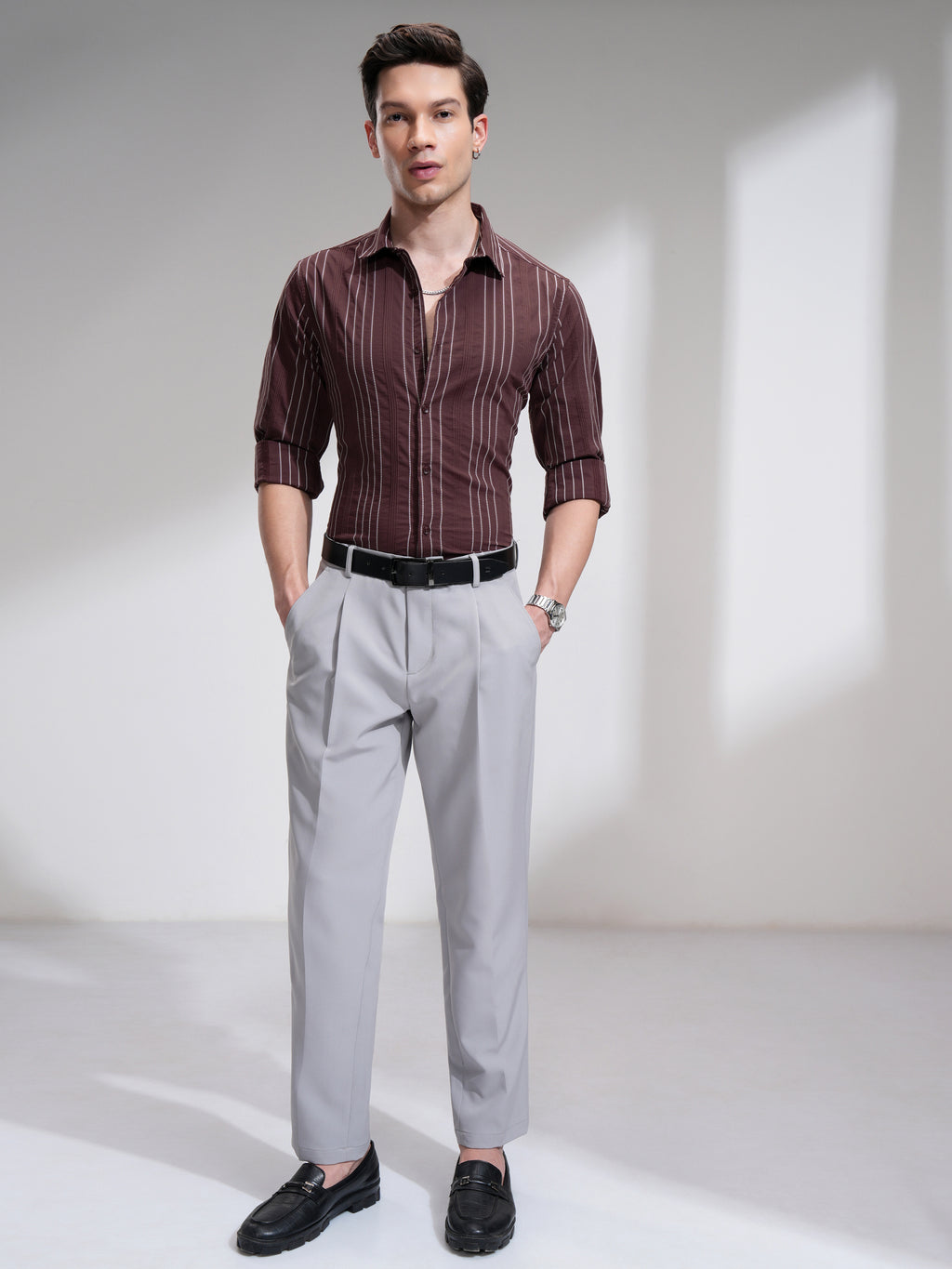 Highlander Men Maroon Striped Slim Fit Casual Shirt - Maroon - Image 2