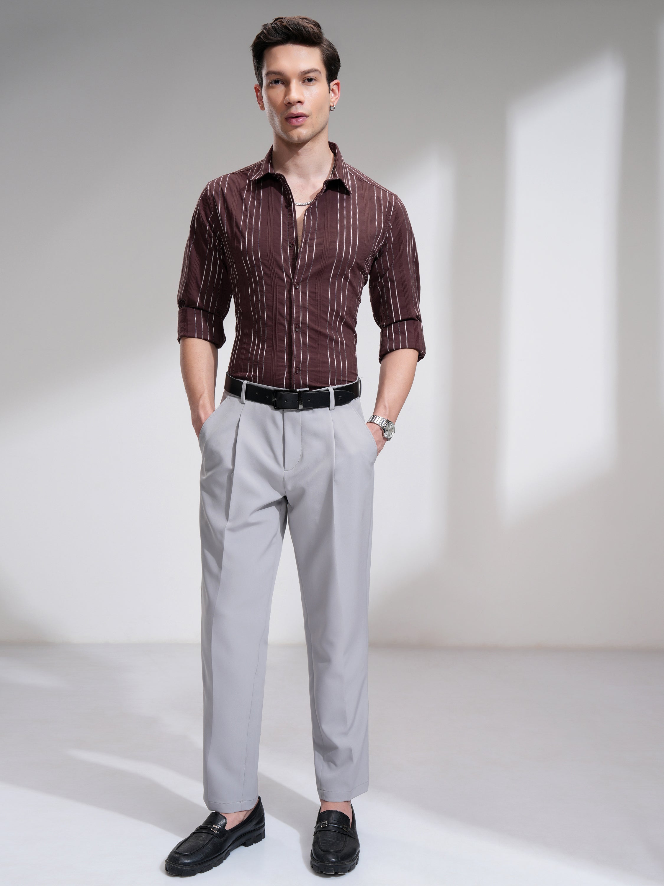 Highlander Men Maroon Striped Slim Fit Casual Shirt - Maroon - Image 2