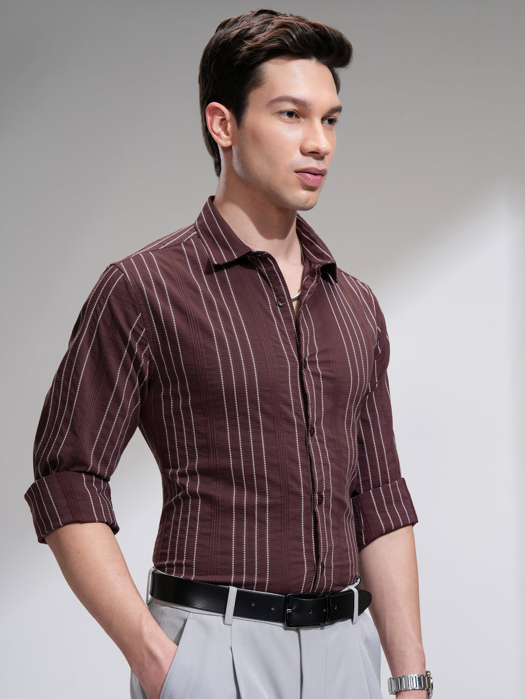 Highlander Men Maroon Striped Slim Fit Casual Shirt - Maroon - Image 6