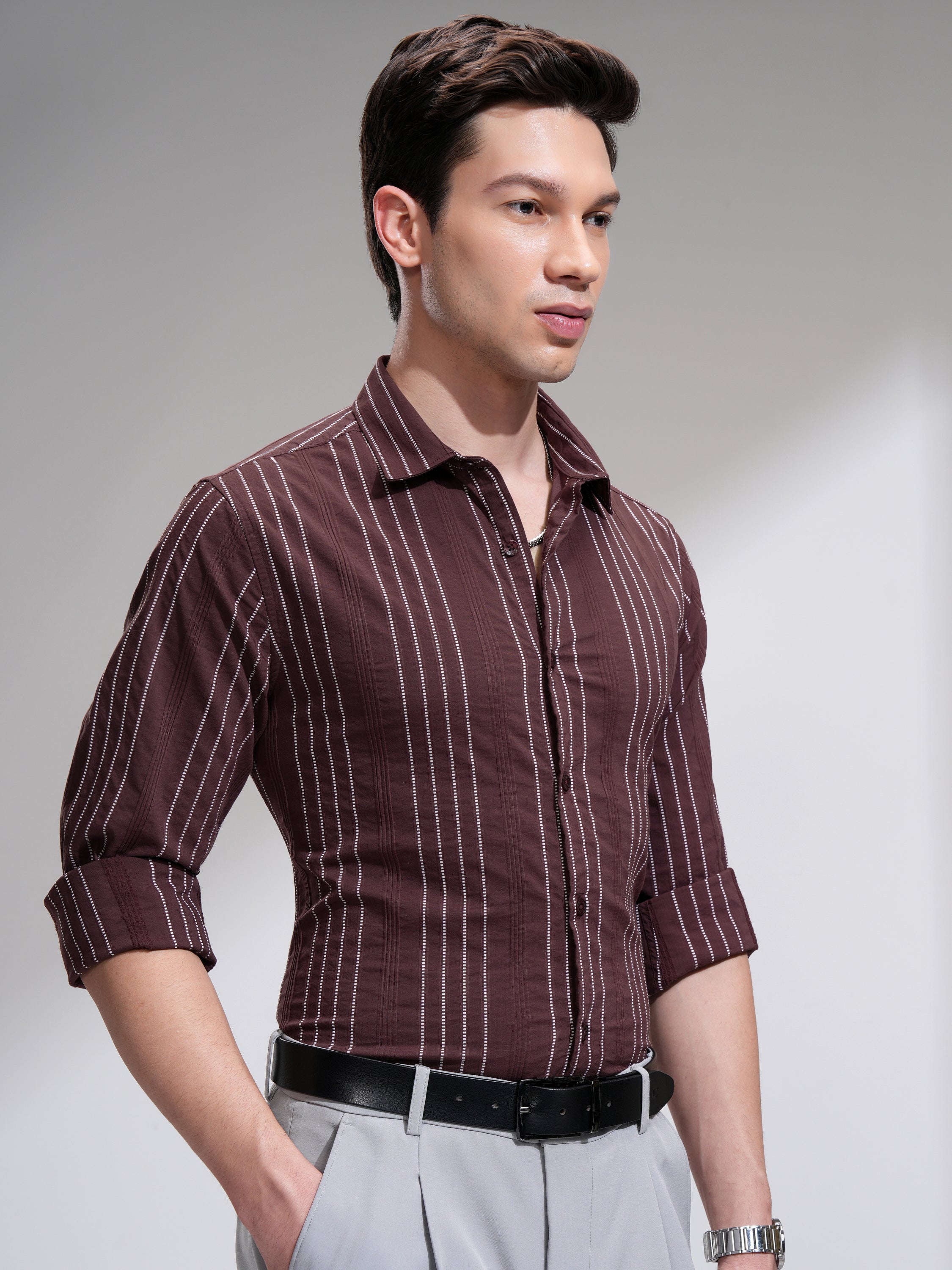 Highlander Men Maroon Striped Slim Fit Casual Shirt - Maroon - Image 6