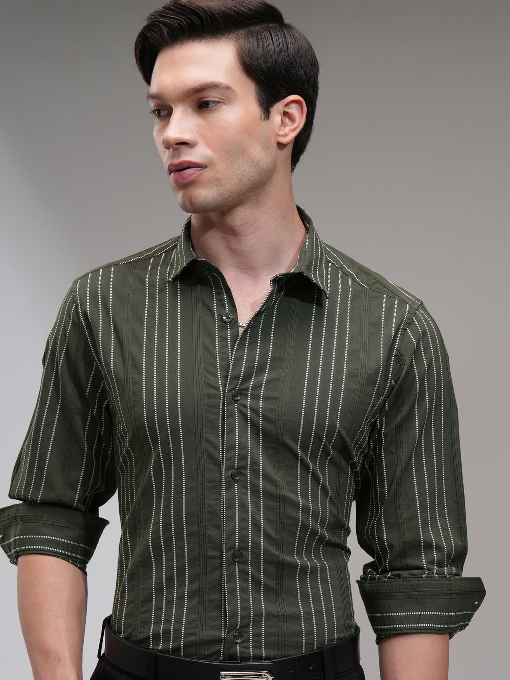 Highlander Men Green Striped Slim Fit Casual Shirt - Green - Image 1
