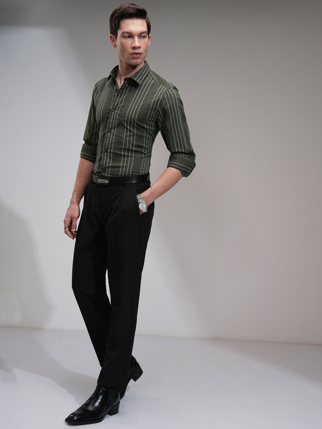 Highlander Men Green Striped Slim Fit Casual Shirt - Green - Image 2