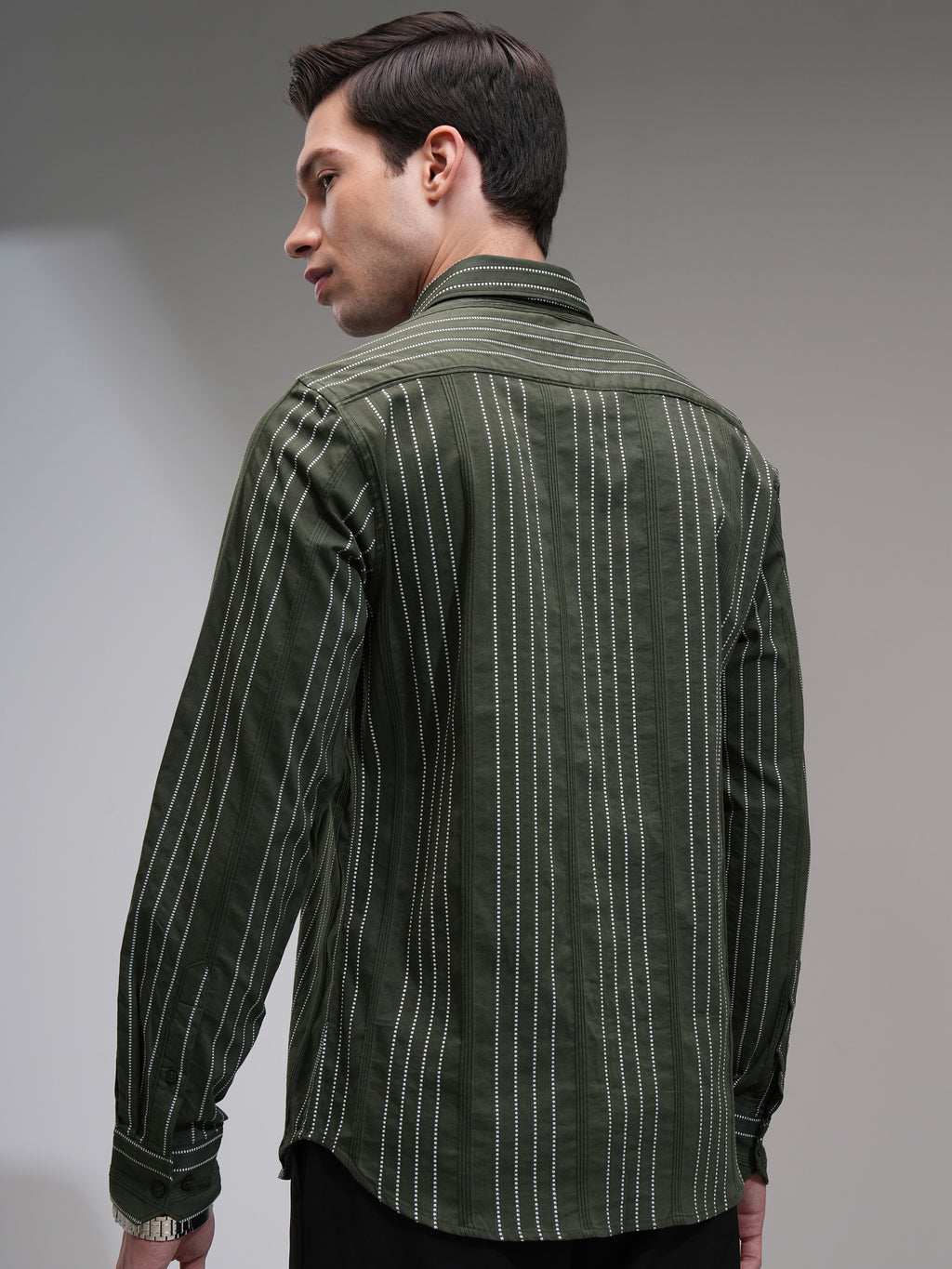 Highlander Men Green Striped Slim Fit Casual Shirt - Green - Image 3
