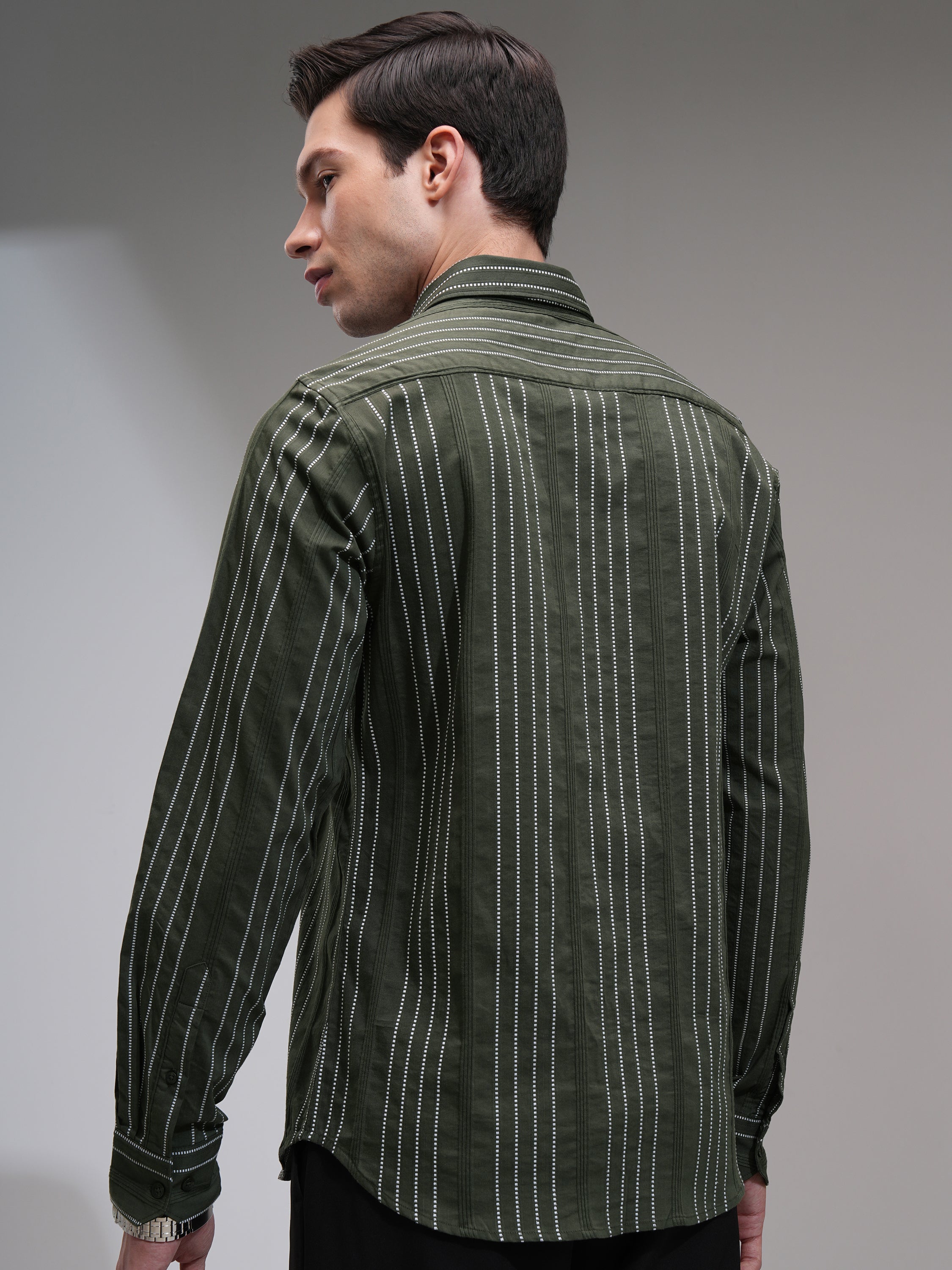 Highlander Men Green Striped Slim Fit Casual Shirt - Green - Image 3