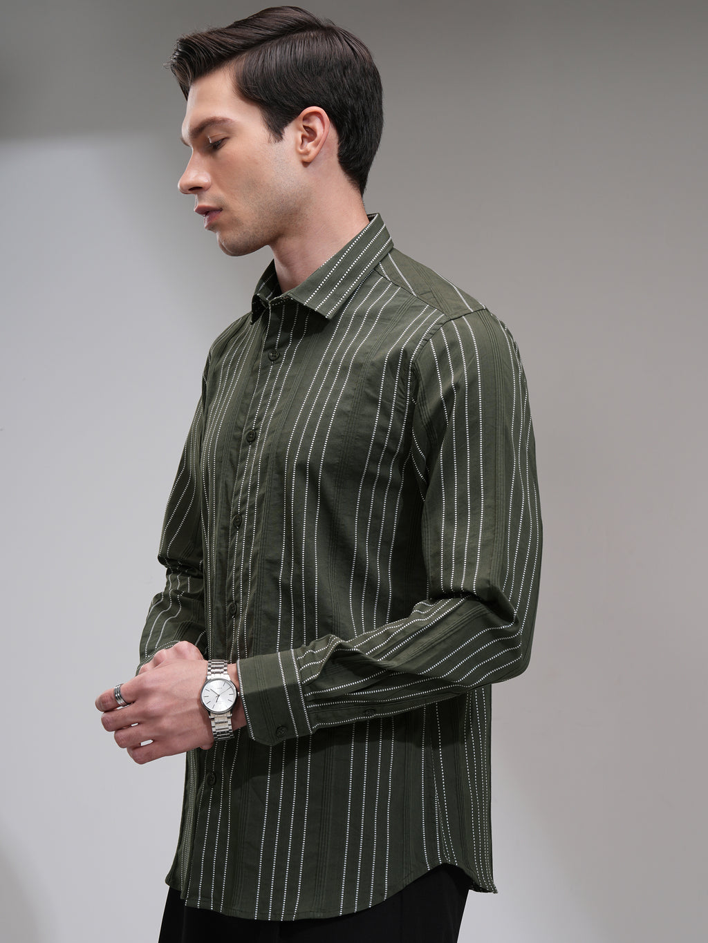 Highlander Men Green Striped Slim Fit Casual Shirt - Green - Image 4