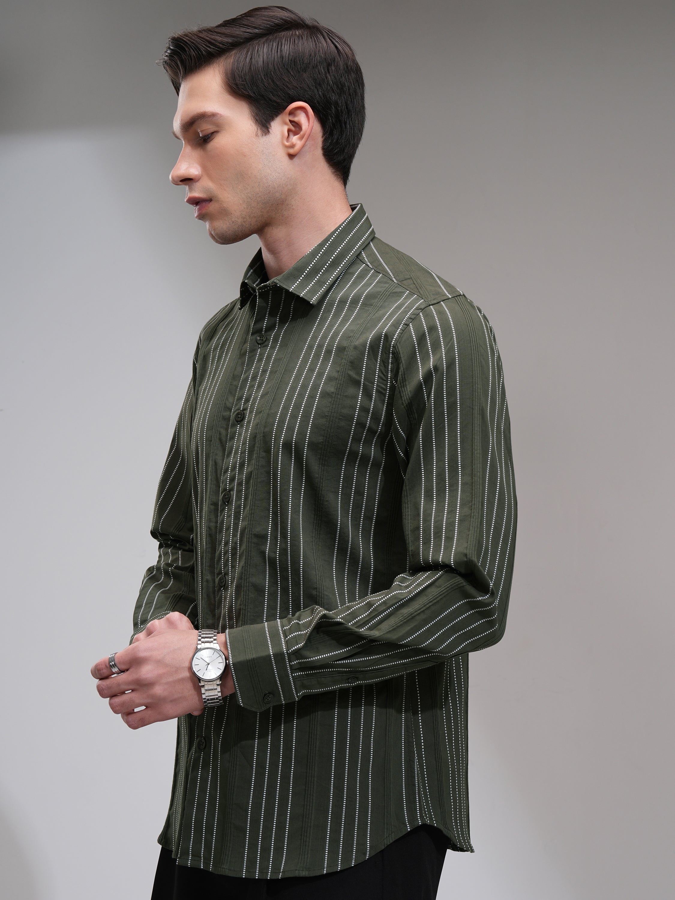 Highlander Men Green Striped Slim Fit Casual Shirt - Green - Image 4