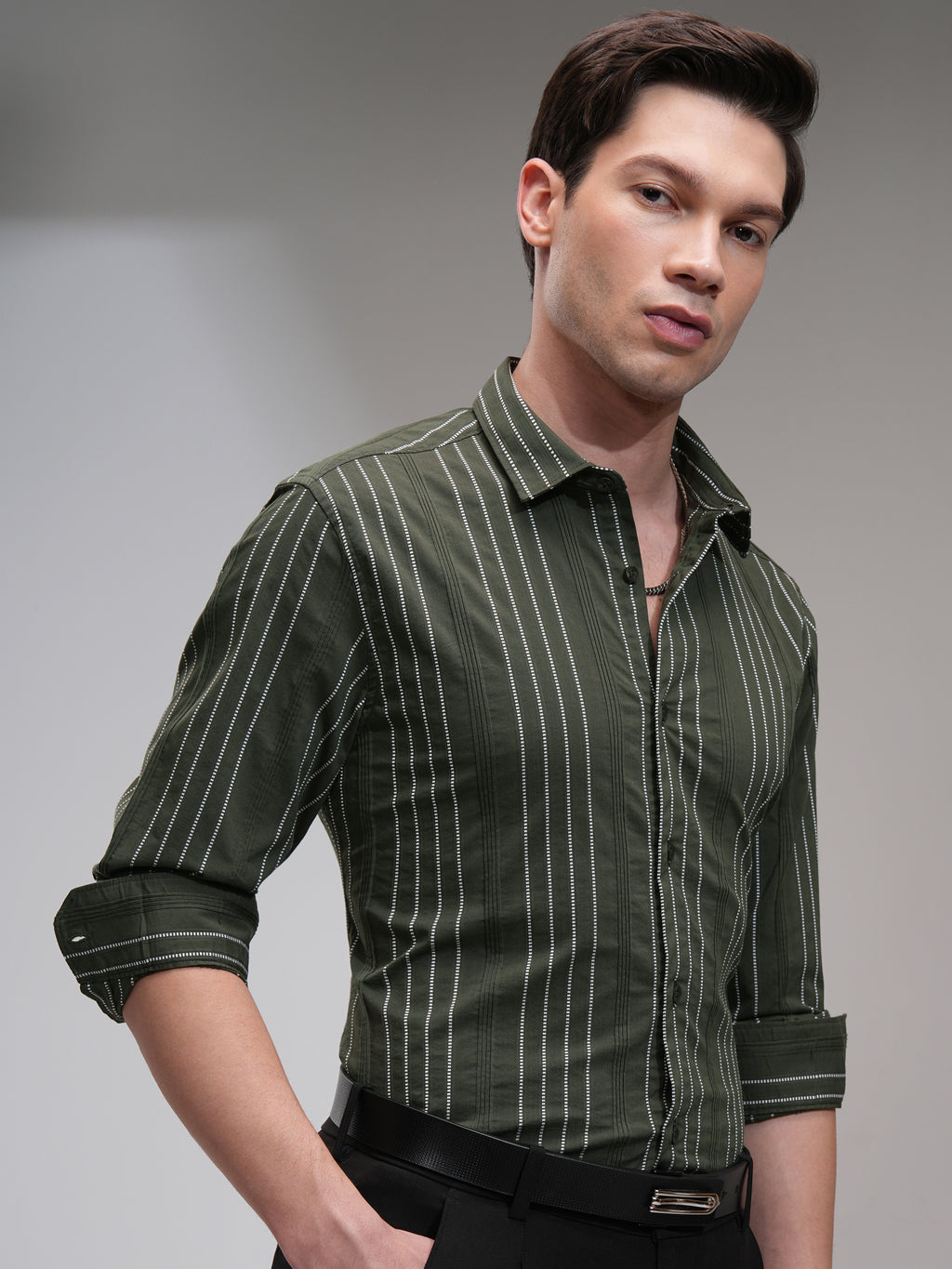 Highlander Men Green Striped Slim Fit Casual Shirt - Green - Image 6