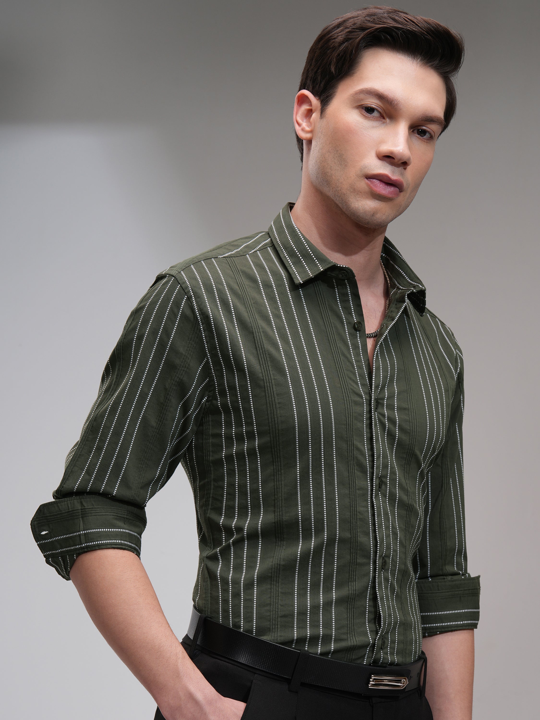 Highlander Men Green Striped Slim Fit Casual Shirt - Green - Image 6