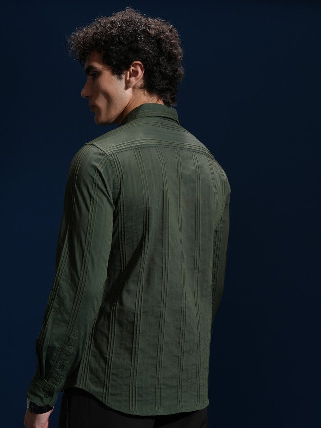 Highlander Men Green Striped Slim Fit Casual Shirt - Green - Image 3
