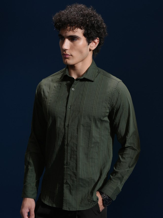 Highlander Men Green Striped Slim Fit Casual Shirt - Green - Image 4