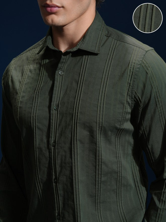 Highlander Men Green Striped Slim Fit Casual Shirt - Green - Image 5