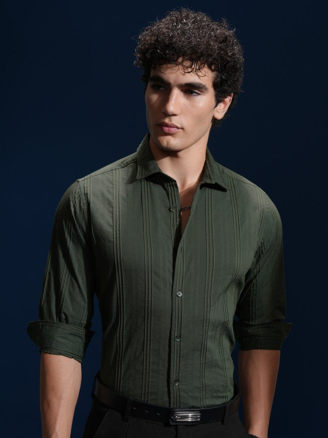 Highlander Men Green Striped Slim Fit Casual Shirt - Green - Image 6