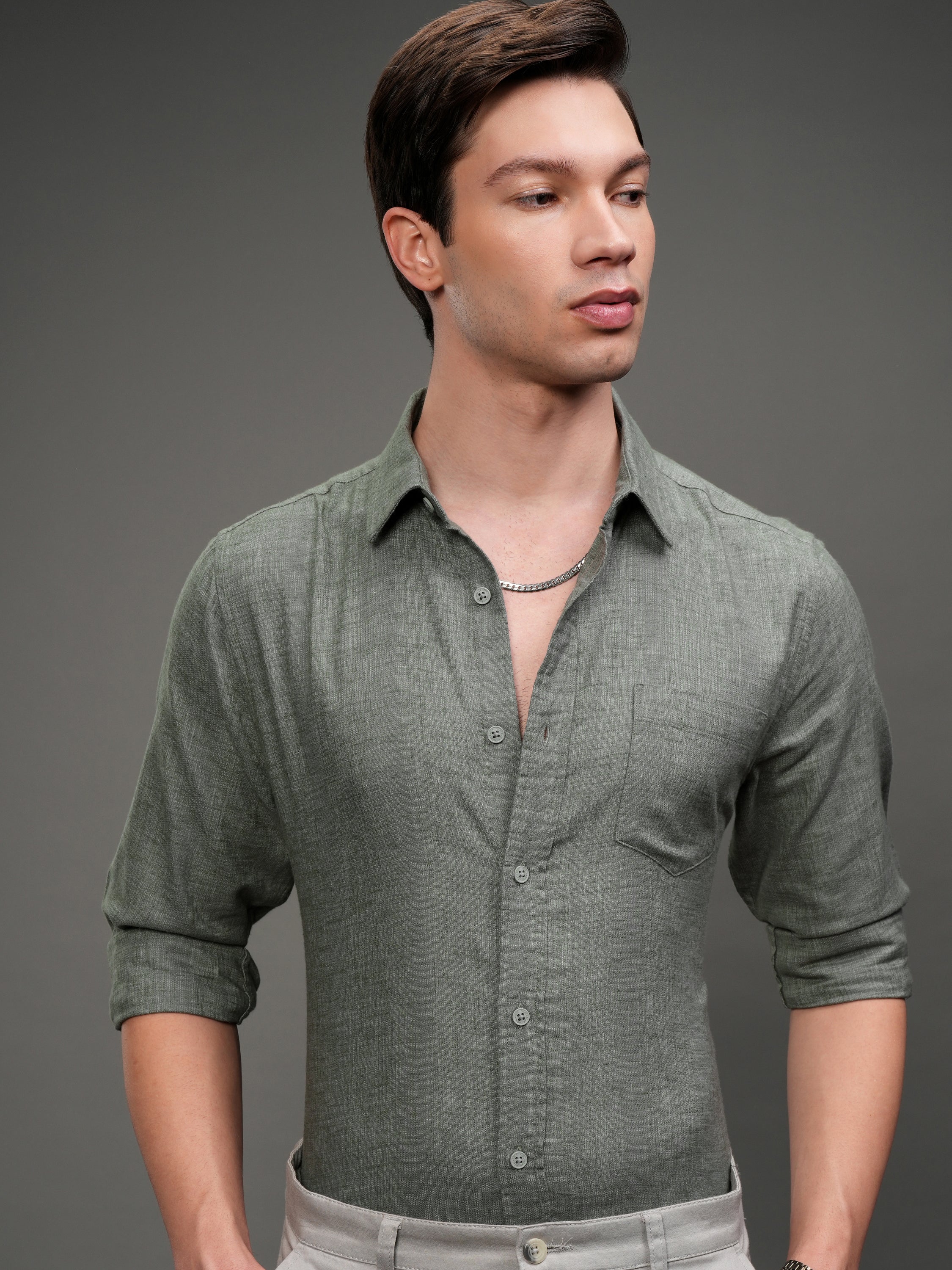 Highlander Men Olive Solid Slim Fit Casual Shirt - Olive - Image 1