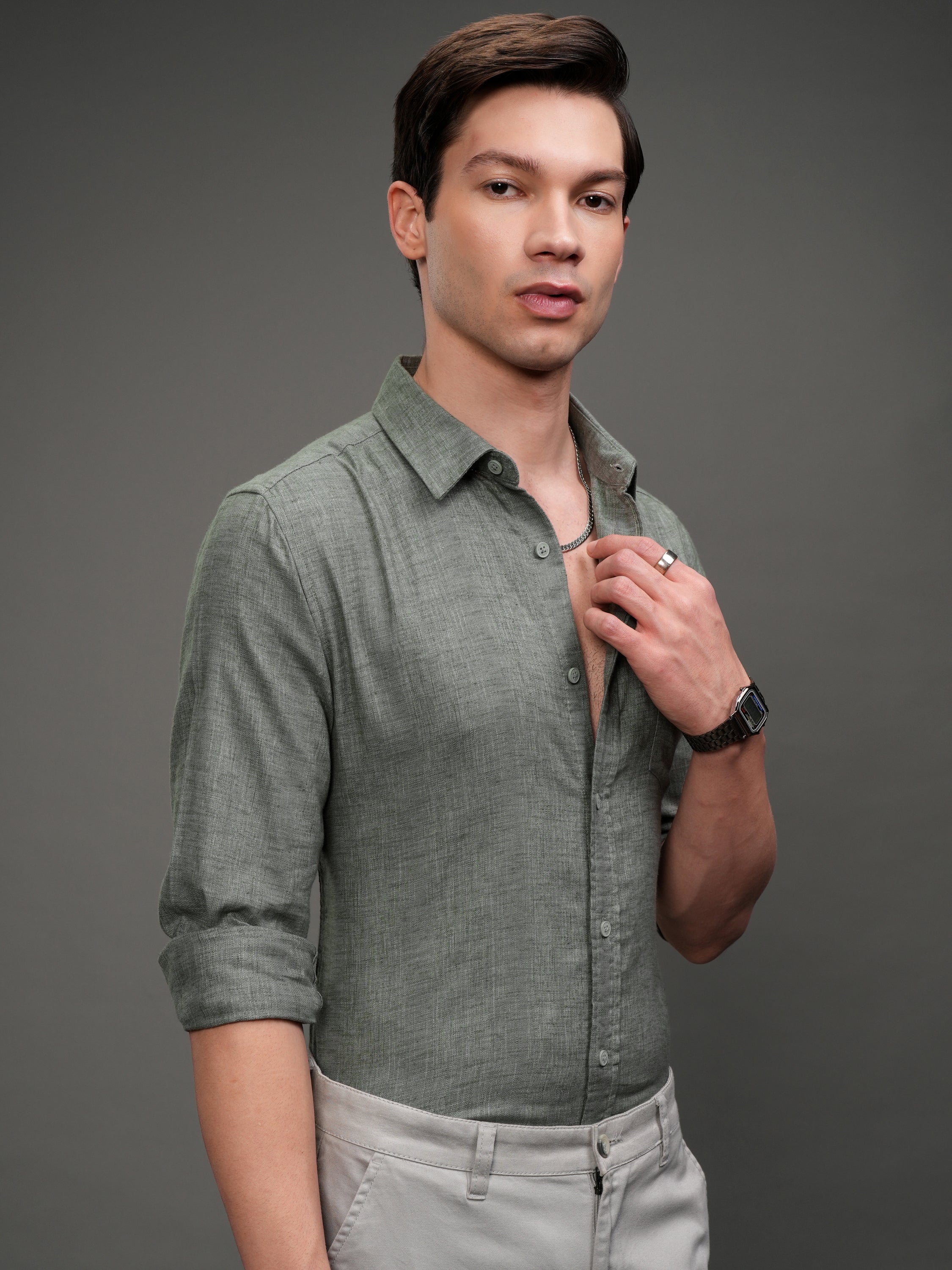 Highlander Men Olive Solid Slim Fit Casual Shirt - Olive - Image 6