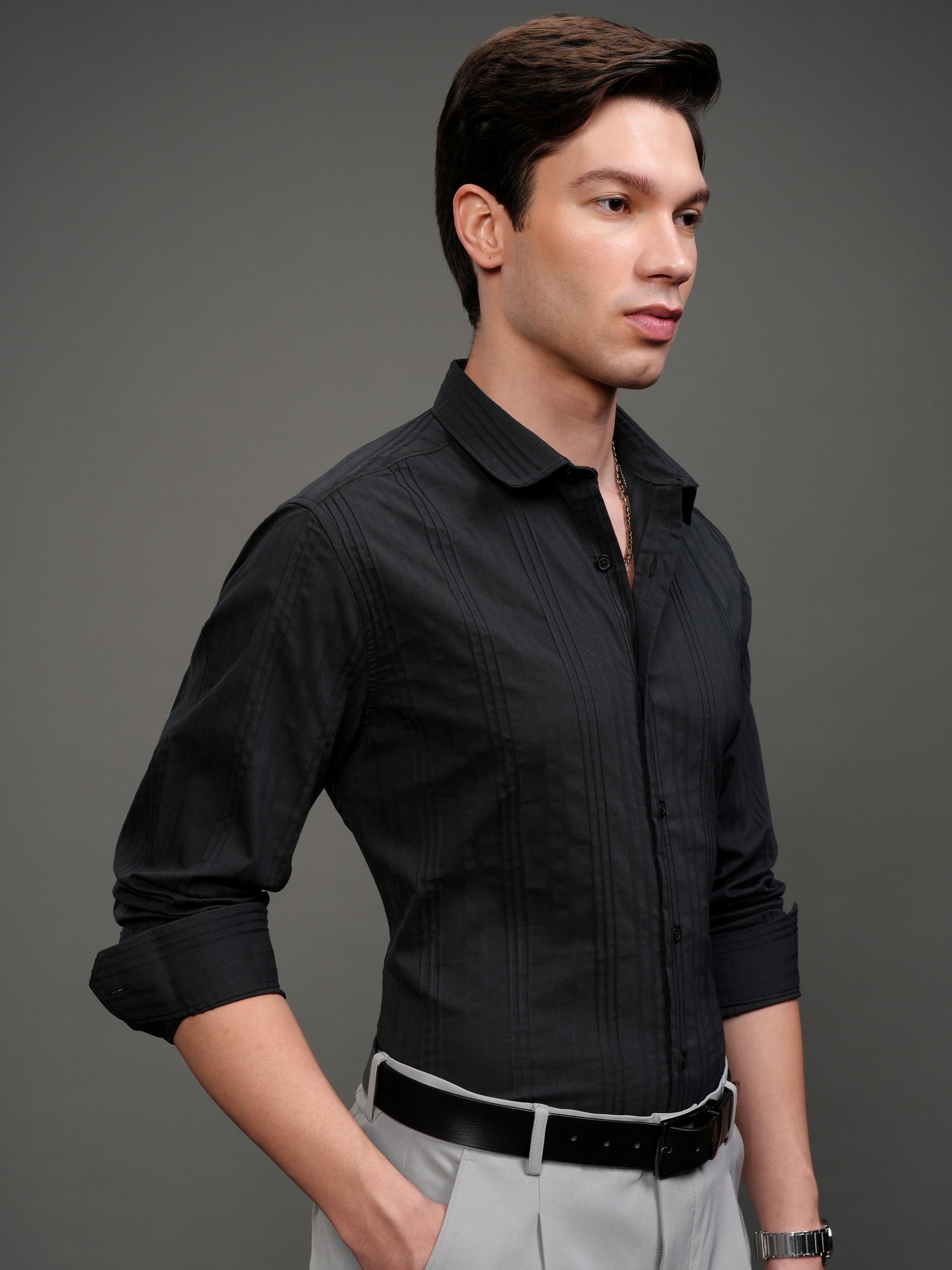 Highlander Men Black Striped Slim Fit Casual Shirt - Black - Image 6