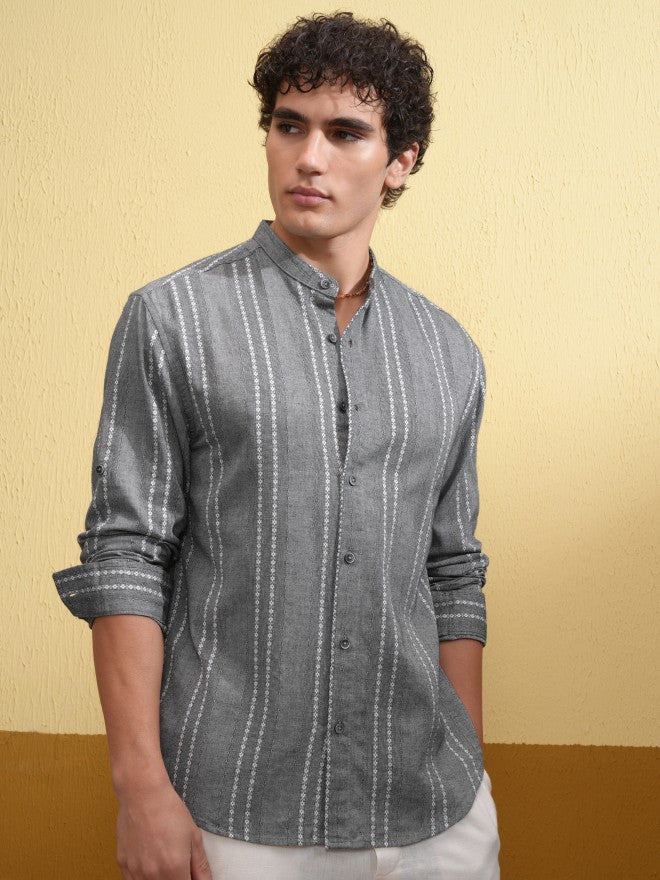 Highlander Men Grey Textured Relaxed Fit Casual Shirt - Grey - Image 6