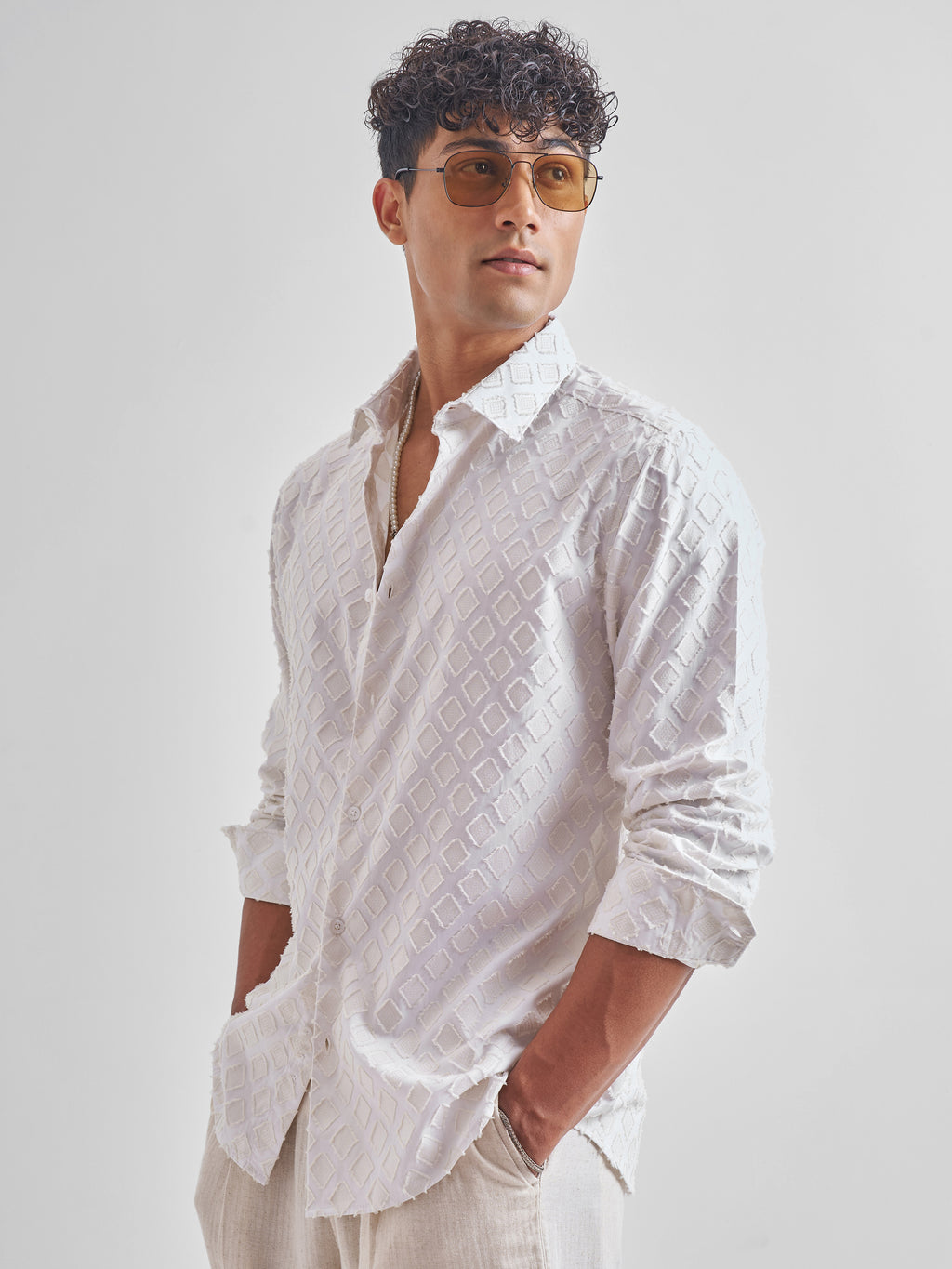 Highlander Men White Self Design Slim Fit Casual Shirt - White - Image 1