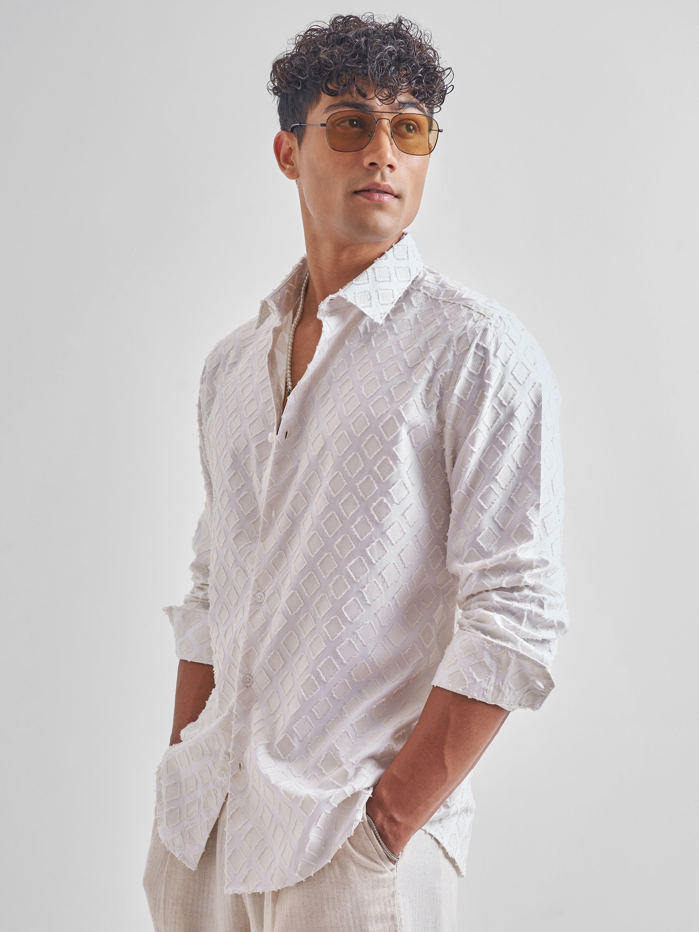 Highlander Men White Self Design Slim Fit Casual Shirt - White - Image 1