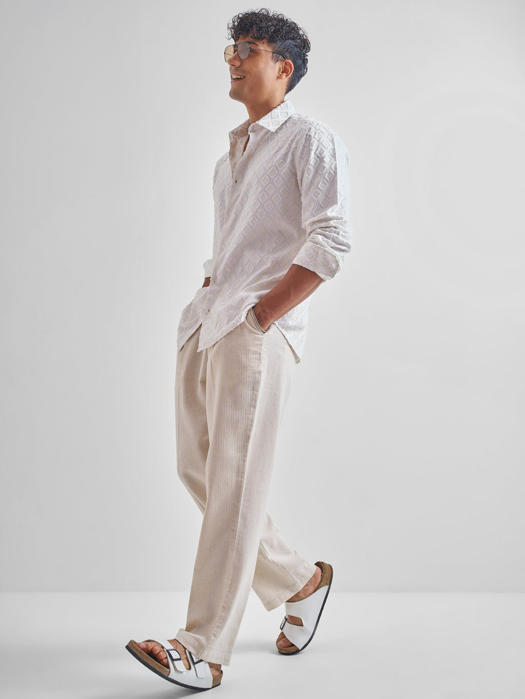 Highlander Men White Self Design Slim Fit Casual Shirt - White - Image 2