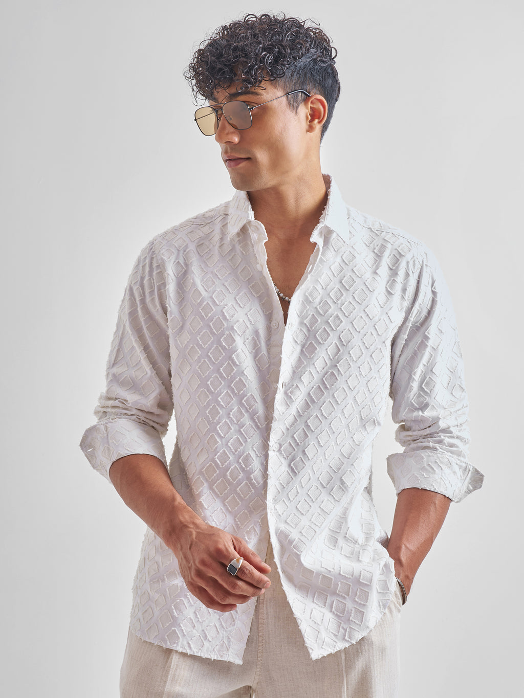 Highlander Men White Self Design Slim Fit Casual Shirt - White - Image 4