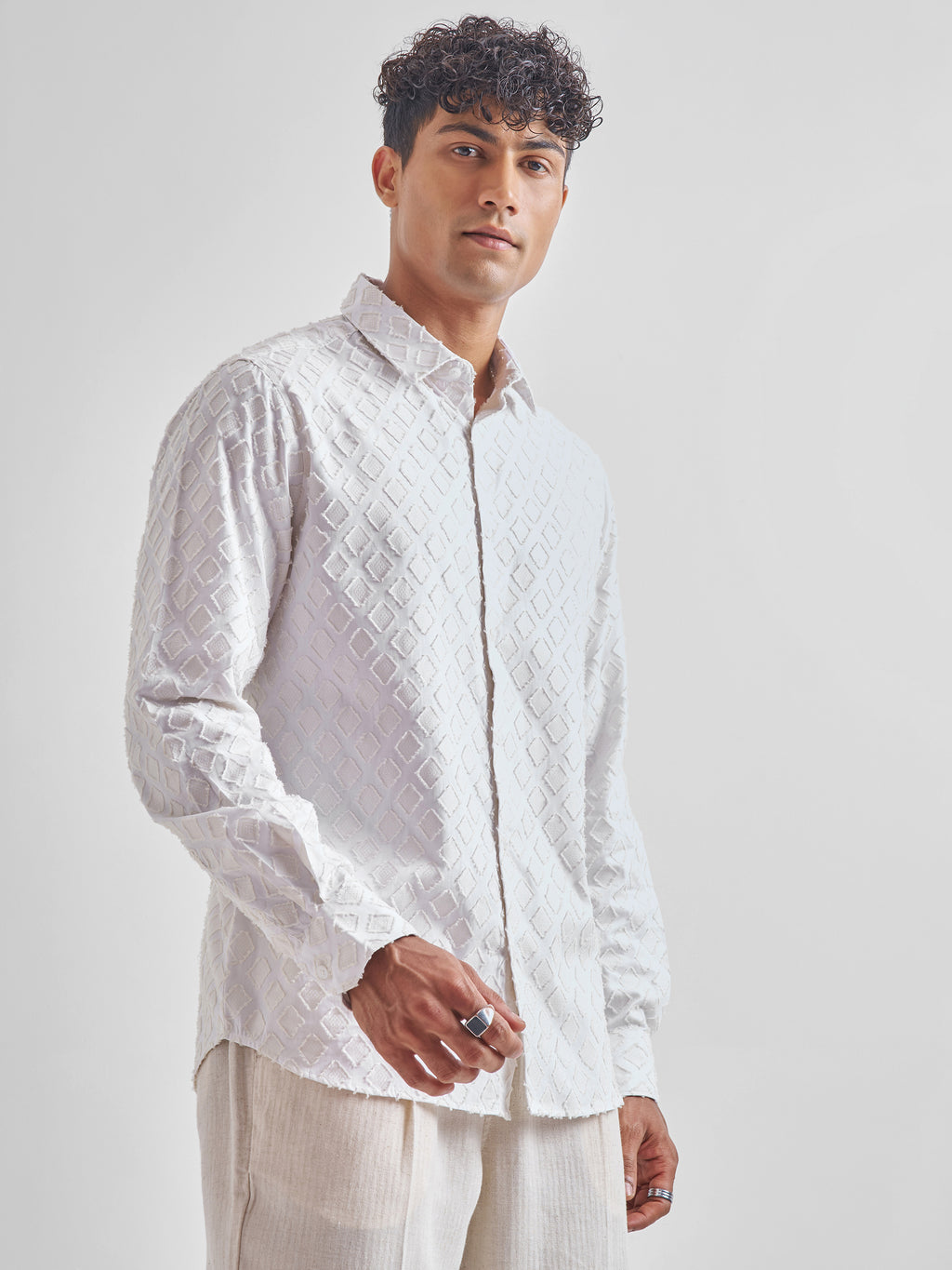 Highlander Men White Self Design Slim Fit Casual Shirt - White - Image 6
