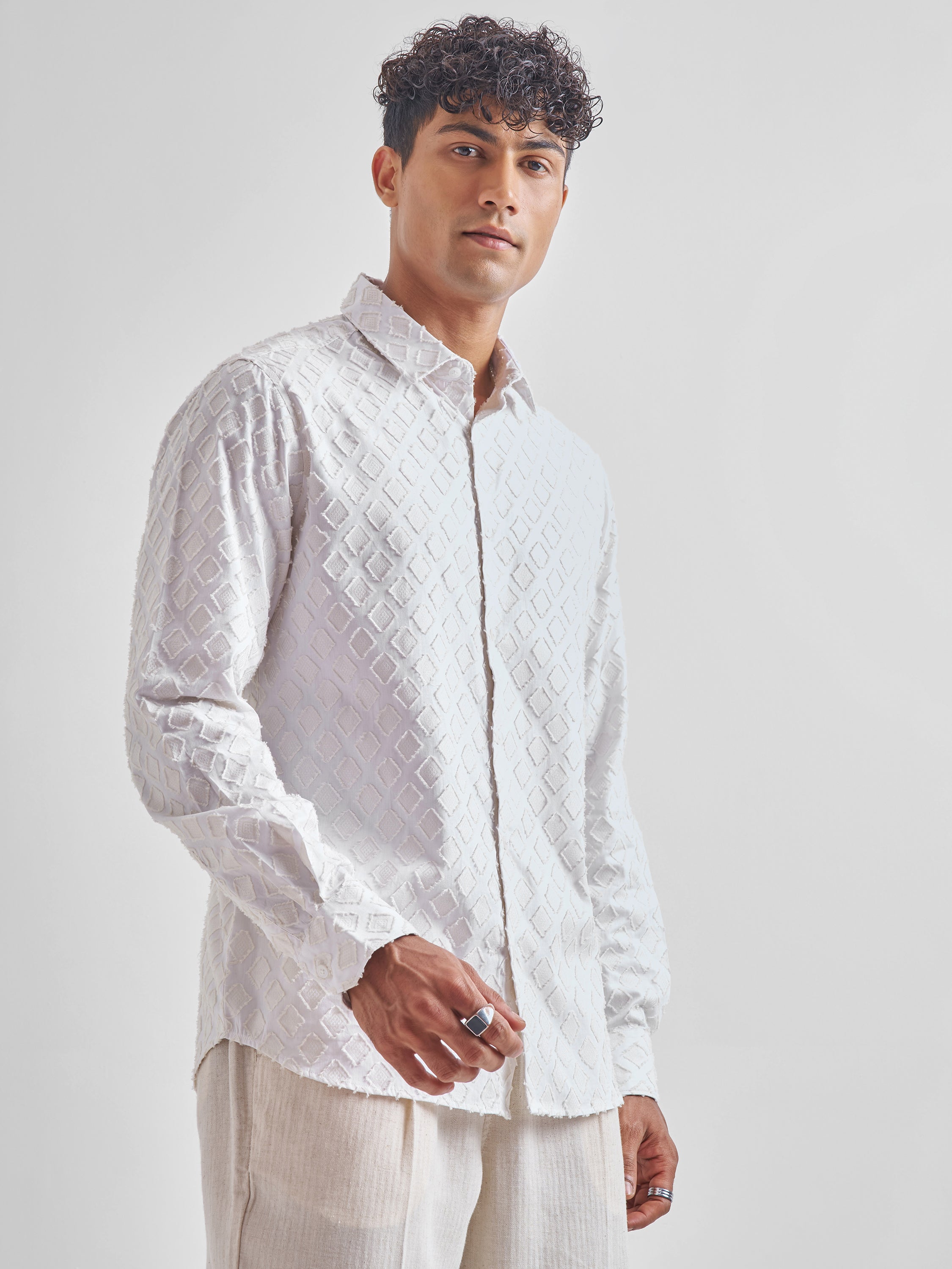 Highlander Men White Self Design Slim Fit Casual Shirt - White - Image 6