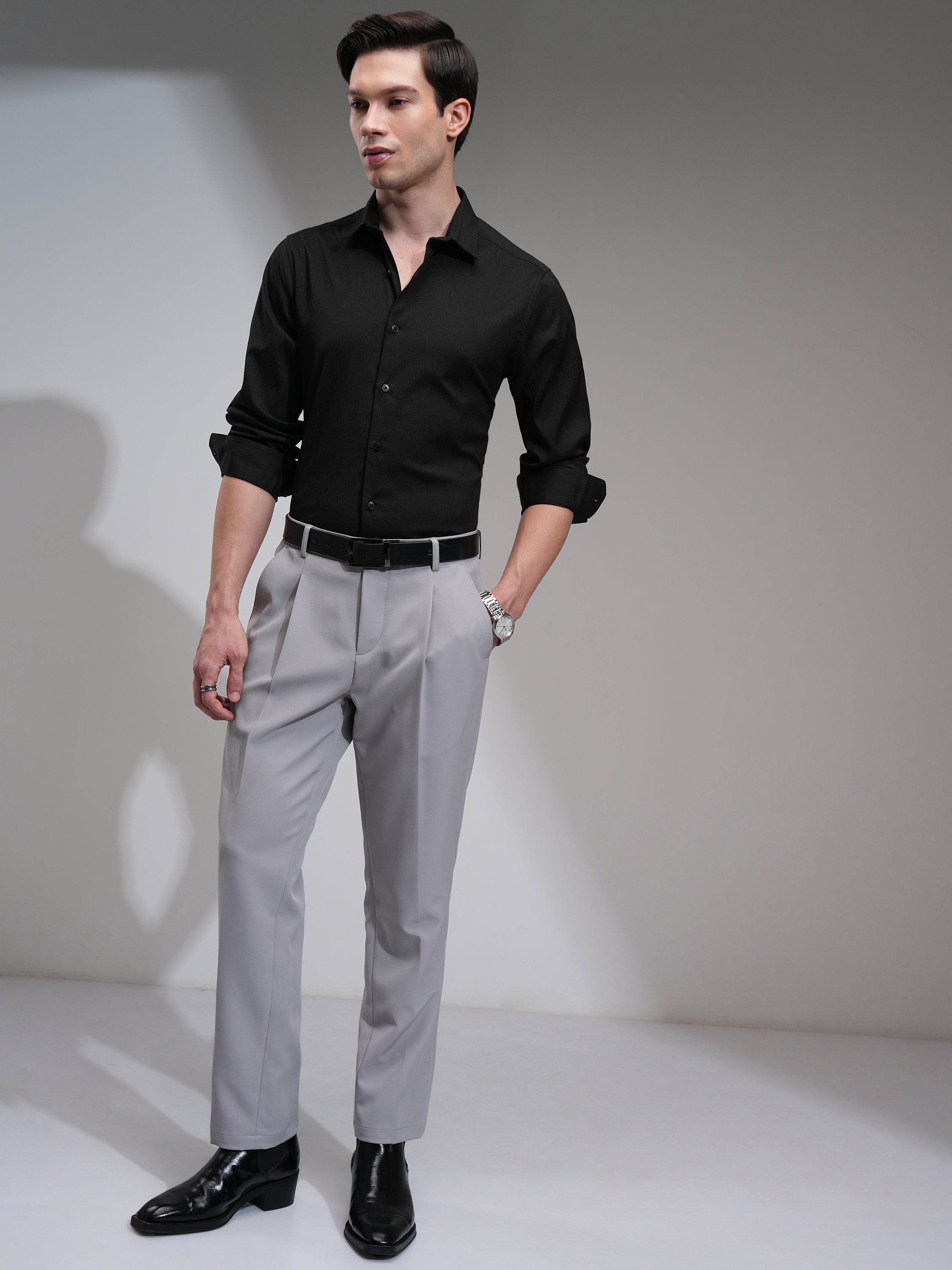 Highlander Men Black Solid Slim Fit Casual Shirt - Black - Image 2