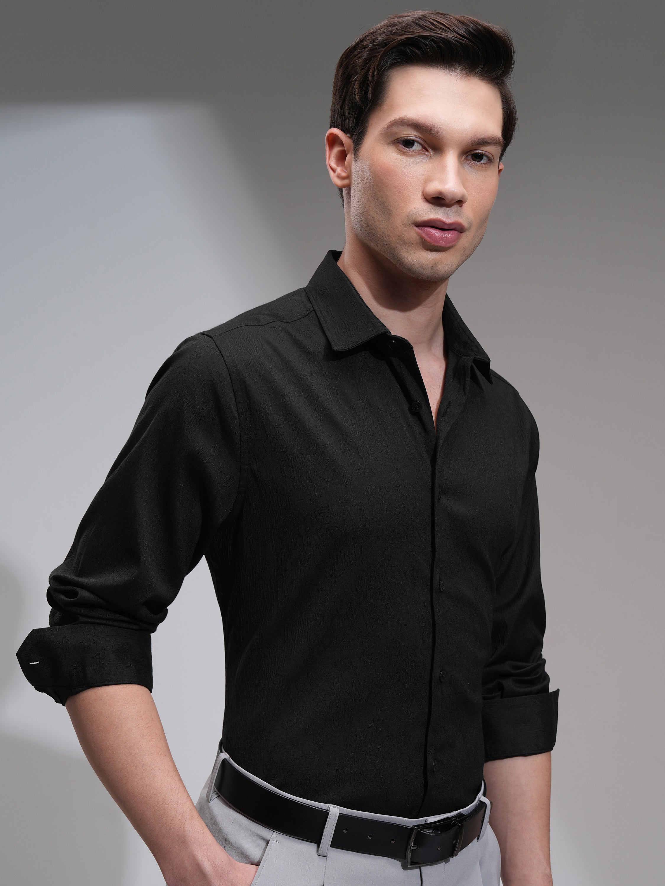 Highlander Men Black Solid Slim Fit Casual Shirt - Black - Image 6