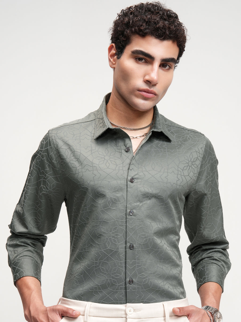 Highlander Men Grey Self Design Slim Fit Casual Shirt - Grey - Image 1