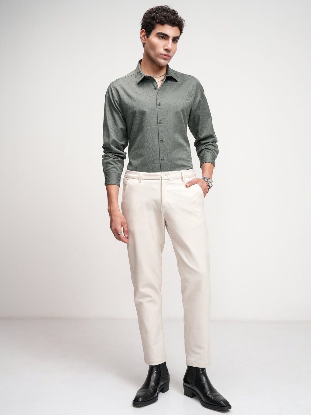 Highlander Men Grey Self Design Slim Fit Casual Shirt - Grey - Image 2