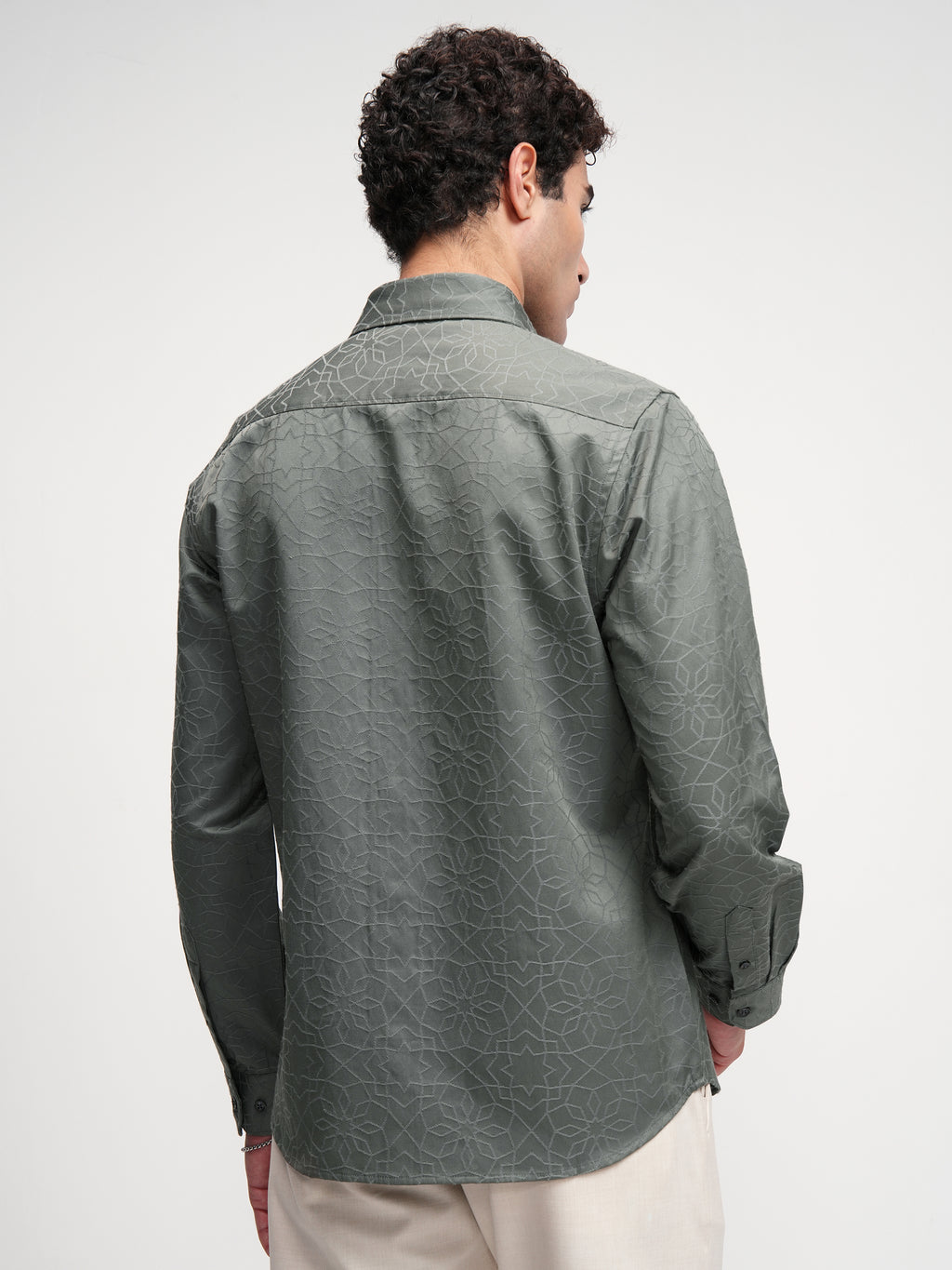 Highlander Men Grey Self Design Slim Fit Casual Shirt - Grey - Image 3