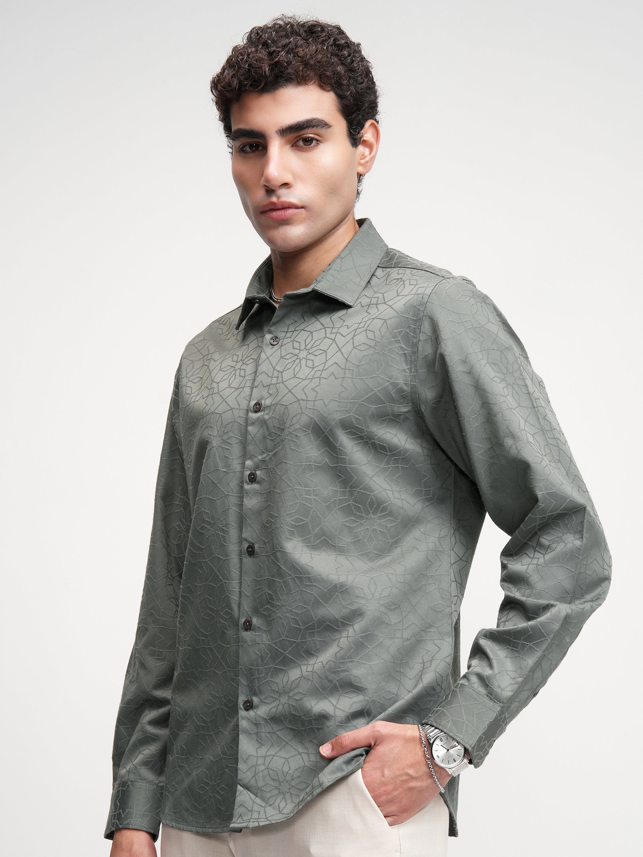 Highlander Men Grey Self Design Slim Fit Casual Shirt - Grey - Image 4