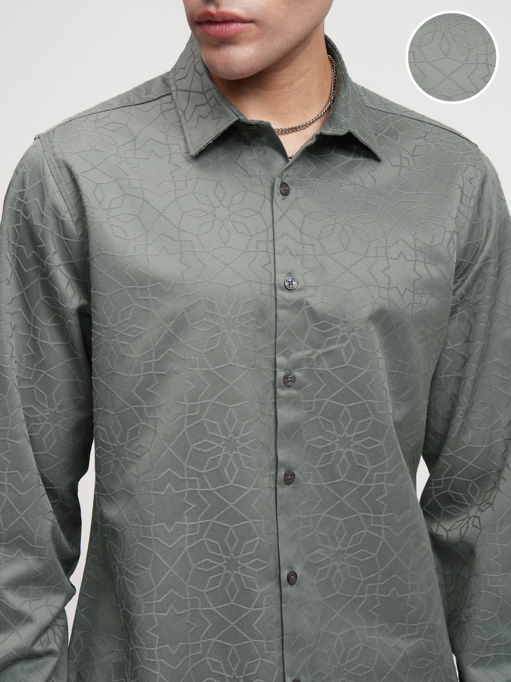 Highlander Men Grey Self Design Slim Fit Casual Shirt - Grey - Image 5