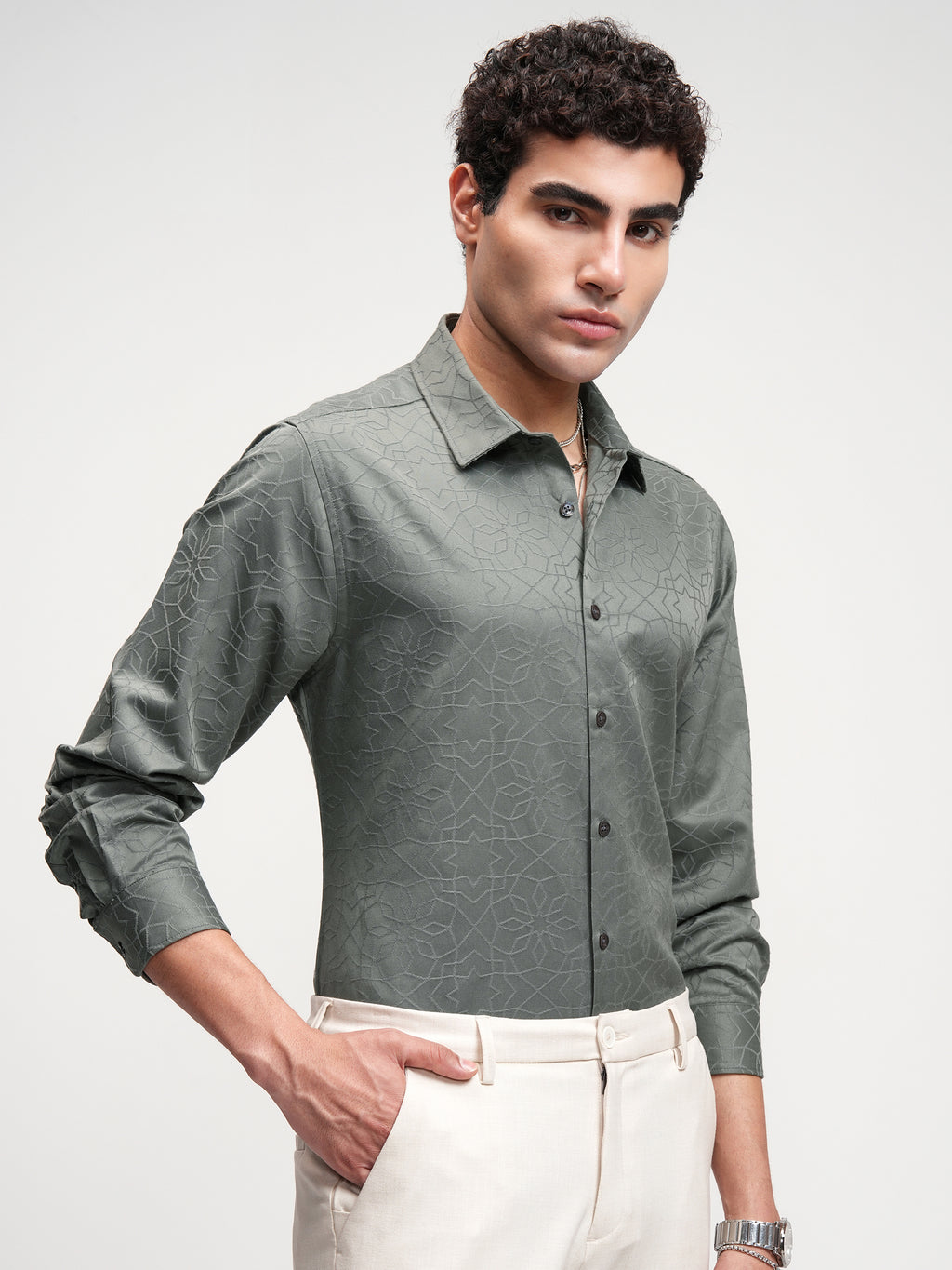 Highlander Men Grey Self Design Slim Fit Casual Shirt - Grey - Image 6