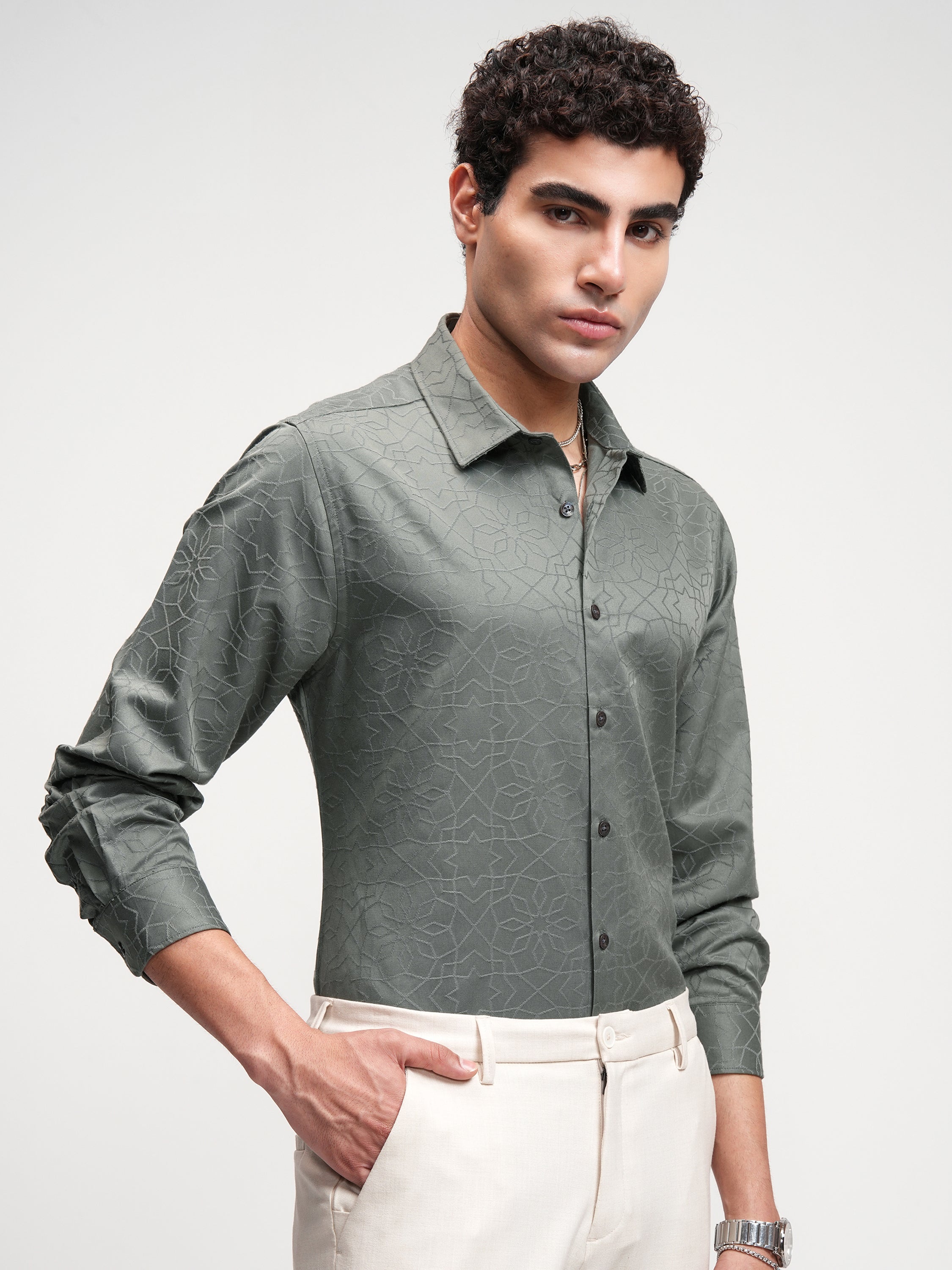 Highlander Men Grey Self Design Slim Fit Casual Shirt - Grey - Image 6