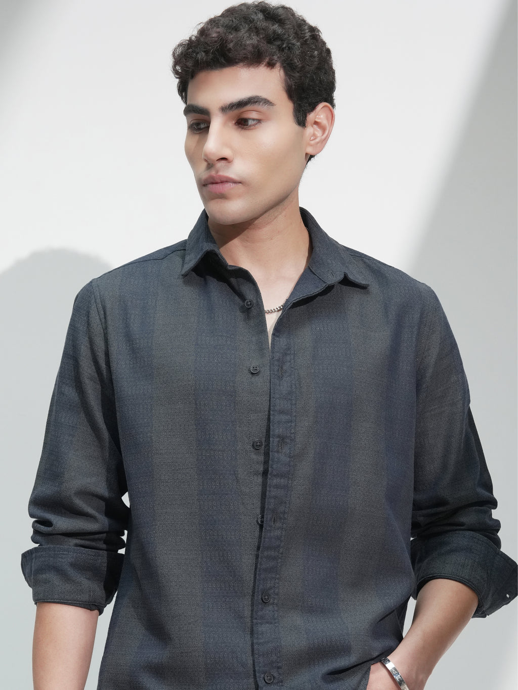 Highlander Men Navy Blue Self Design Slim Fit Casual Shirt - Navy Blue - Image 1