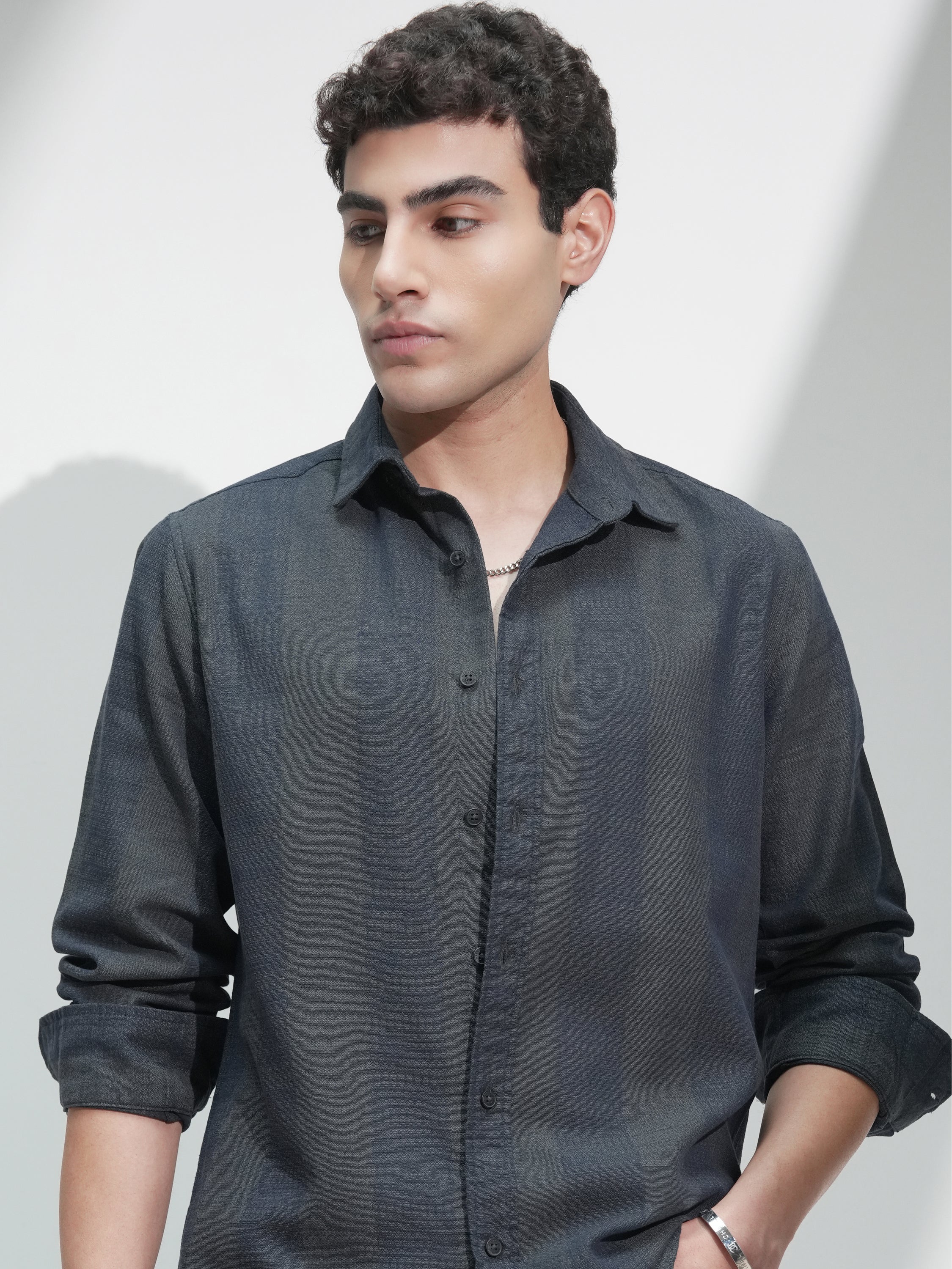 Highlander Men Navy Blue Self Design Slim Fit Casual Shirt - Navy Blue - Image 1