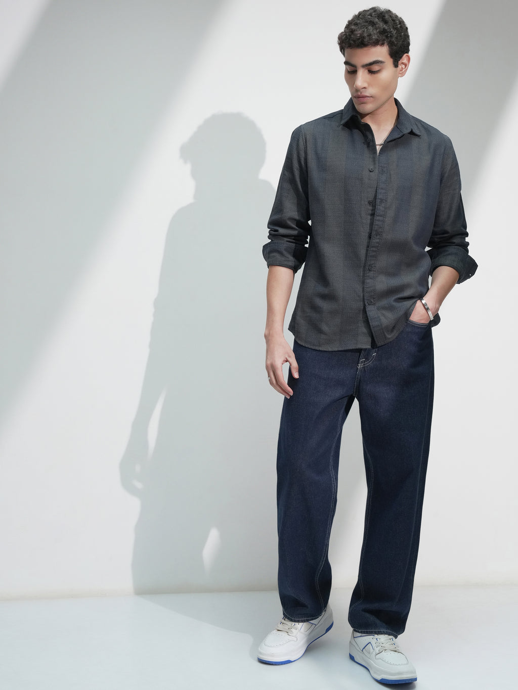 Highlander Men Navy Blue Self Design Slim Fit Casual Shirt - Navy Blue - Image 2