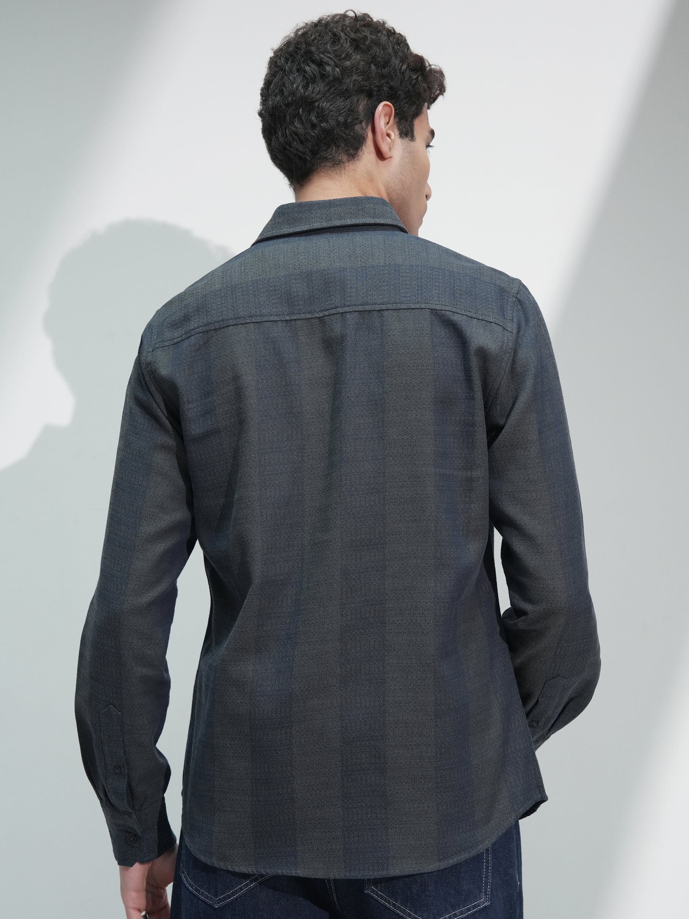 Highlander Men Navy Blue Self Design Slim Fit Casual Shirt - Navy Blue - Image 3