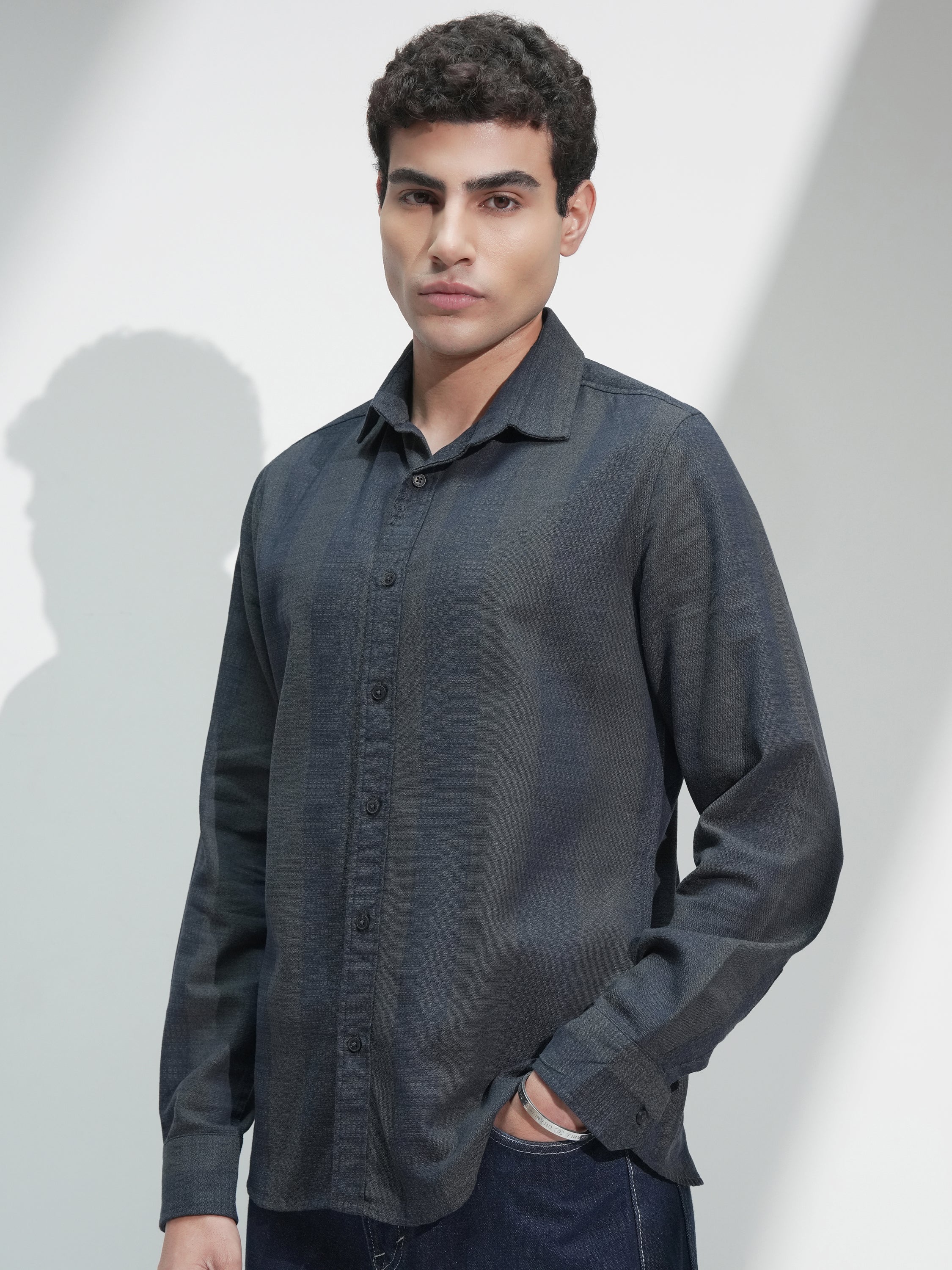 Highlander Men Navy Blue Self Design Slim Fit Casual Shirt - Navy Blue - Image 4