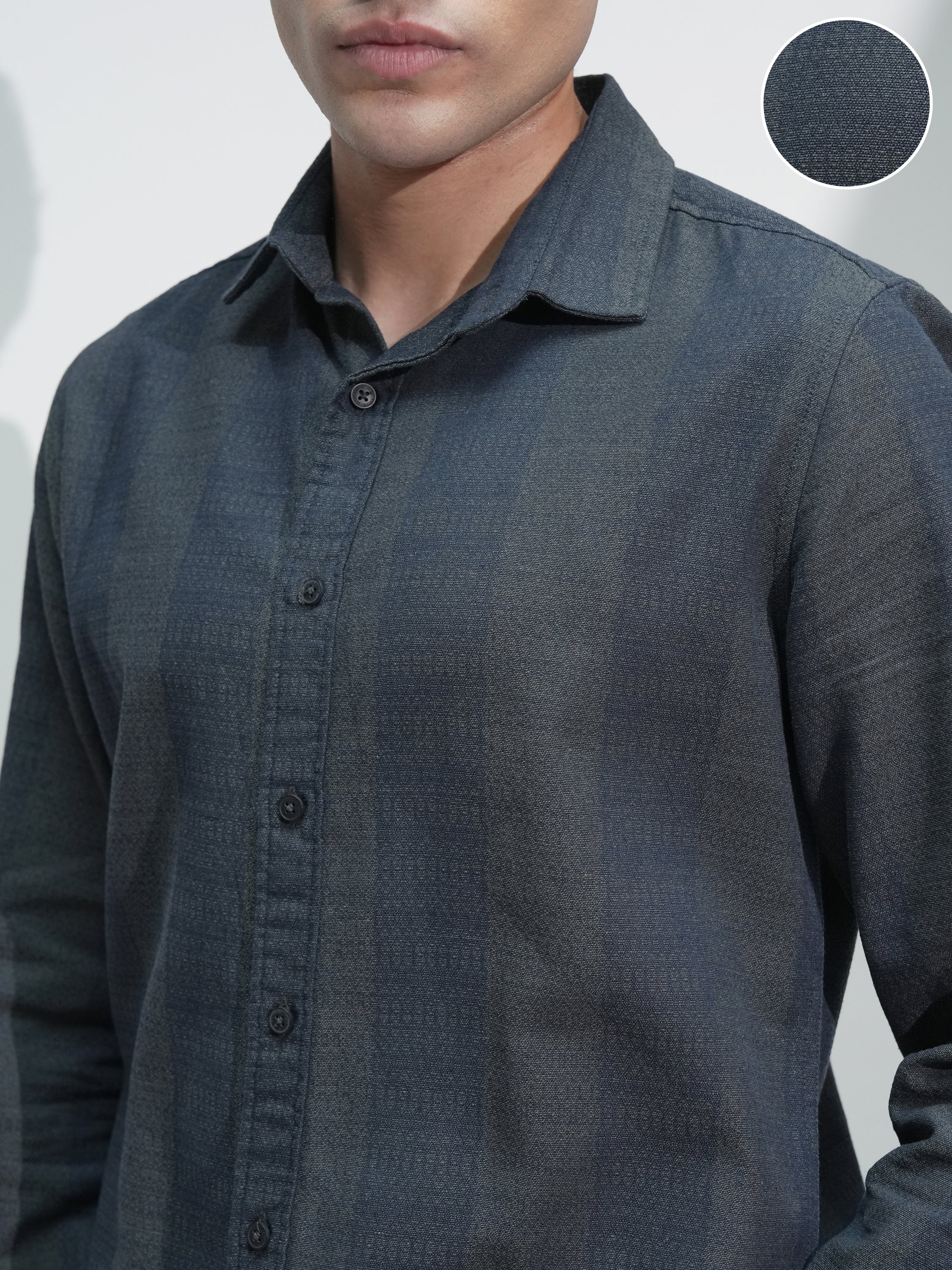 Highlander Men Navy Blue Self Design Slim Fit Casual Shirt - Navy Blue - Image 5