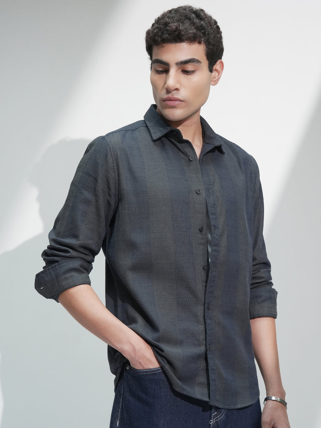 Highlander Men Navy Blue Self Design Slim Fit Casual Shirt - Navy Blue - Image 6