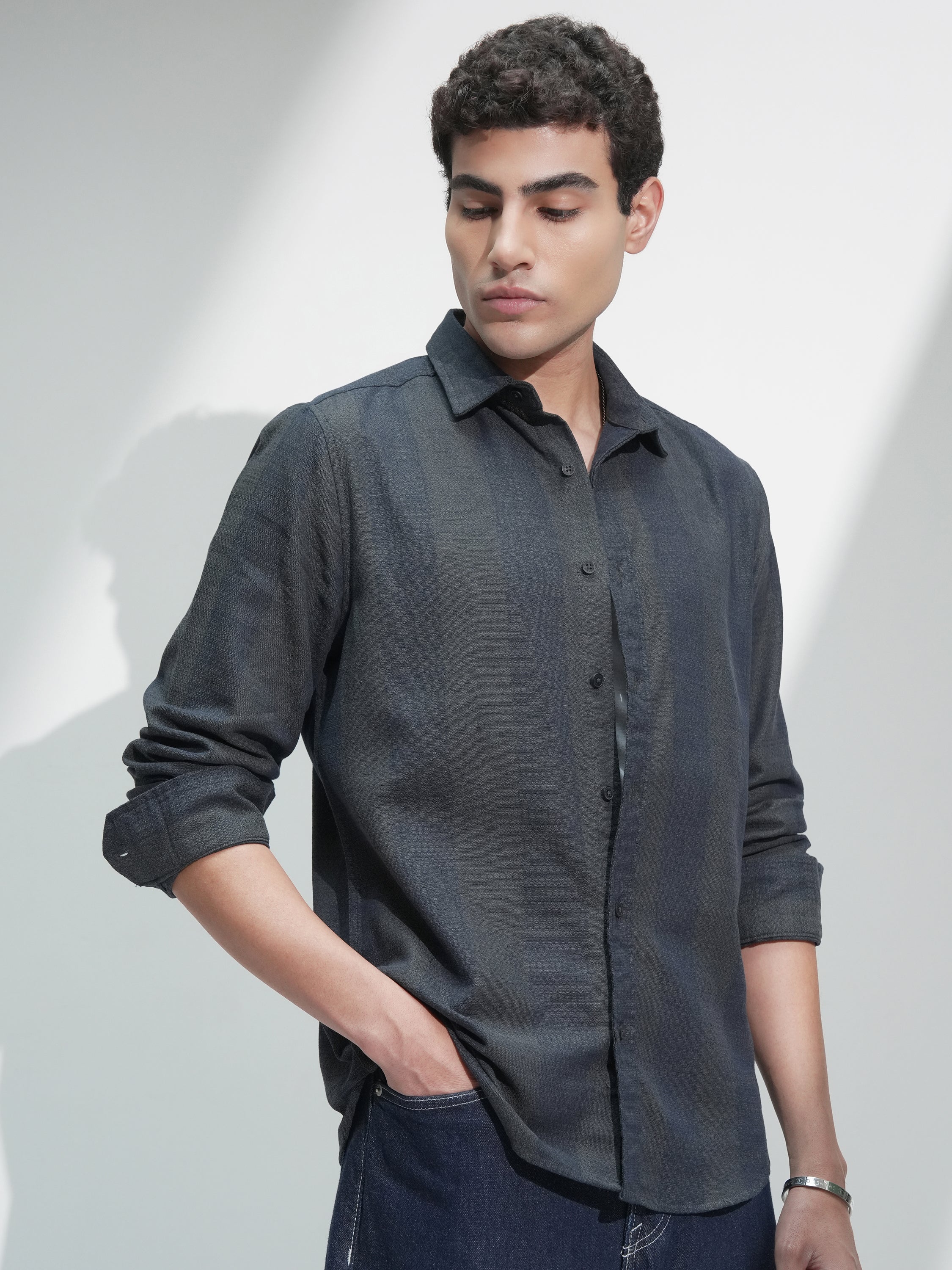 Highlander Men Navy Blue Self Design Slim Fit Casual Shirt - Navy Blue - Image 6