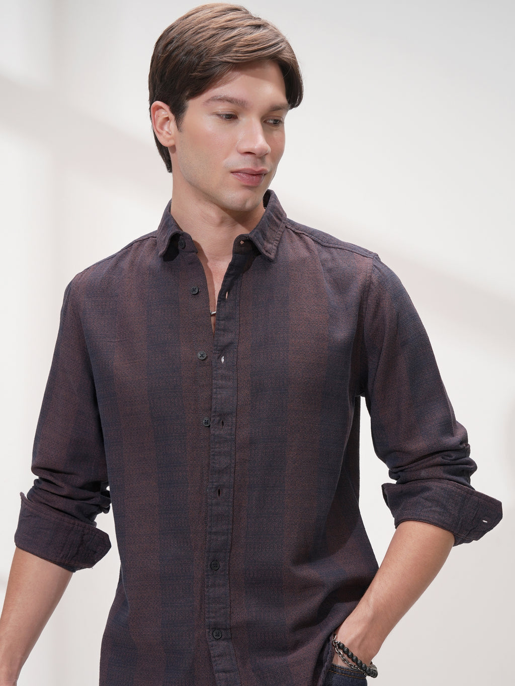 Highlander Men Navy Blue Self Design Slim Fit Casual Shirt - Navy Blue - Image 1