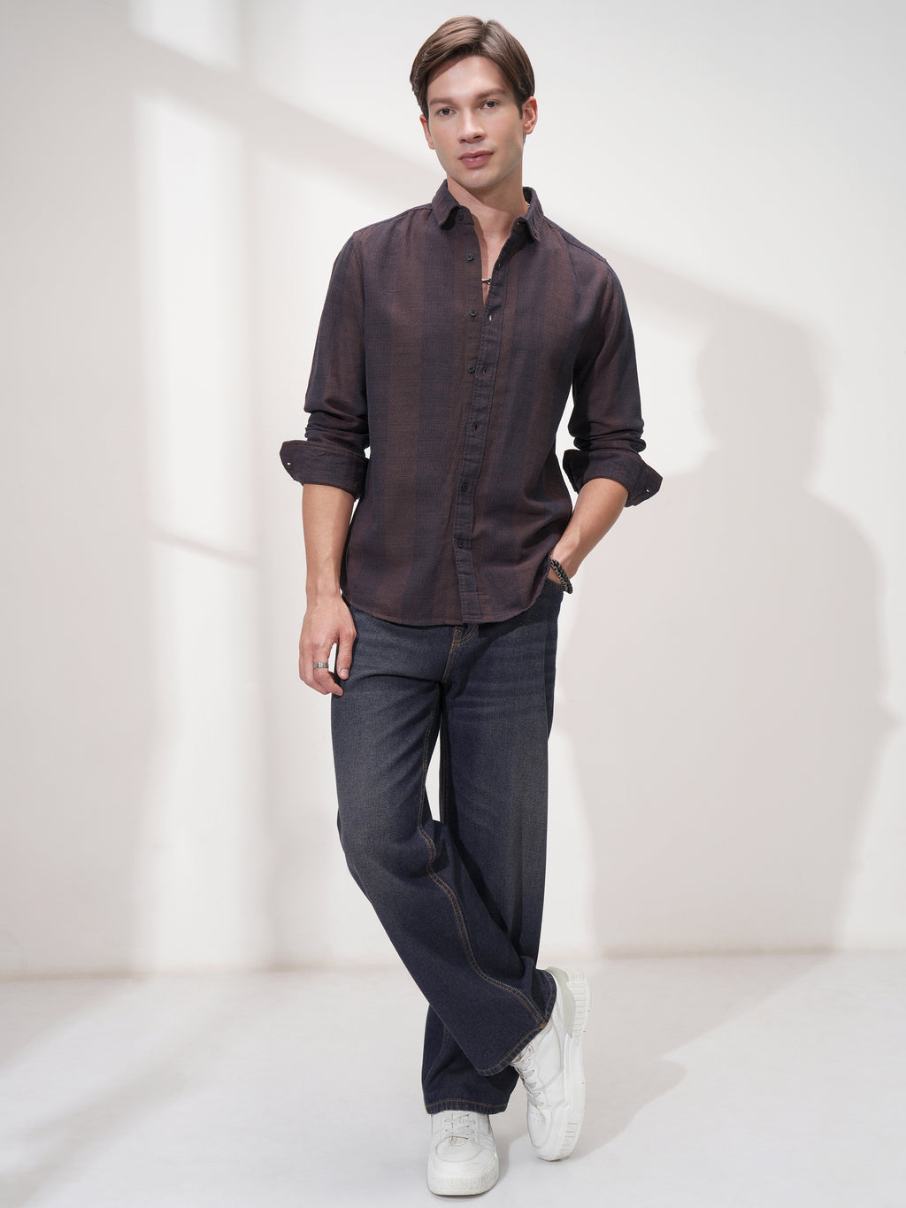 Highlander Men Navy Blue Self Design Slim Fit Casual Shirt - Navy Blue - Image 2