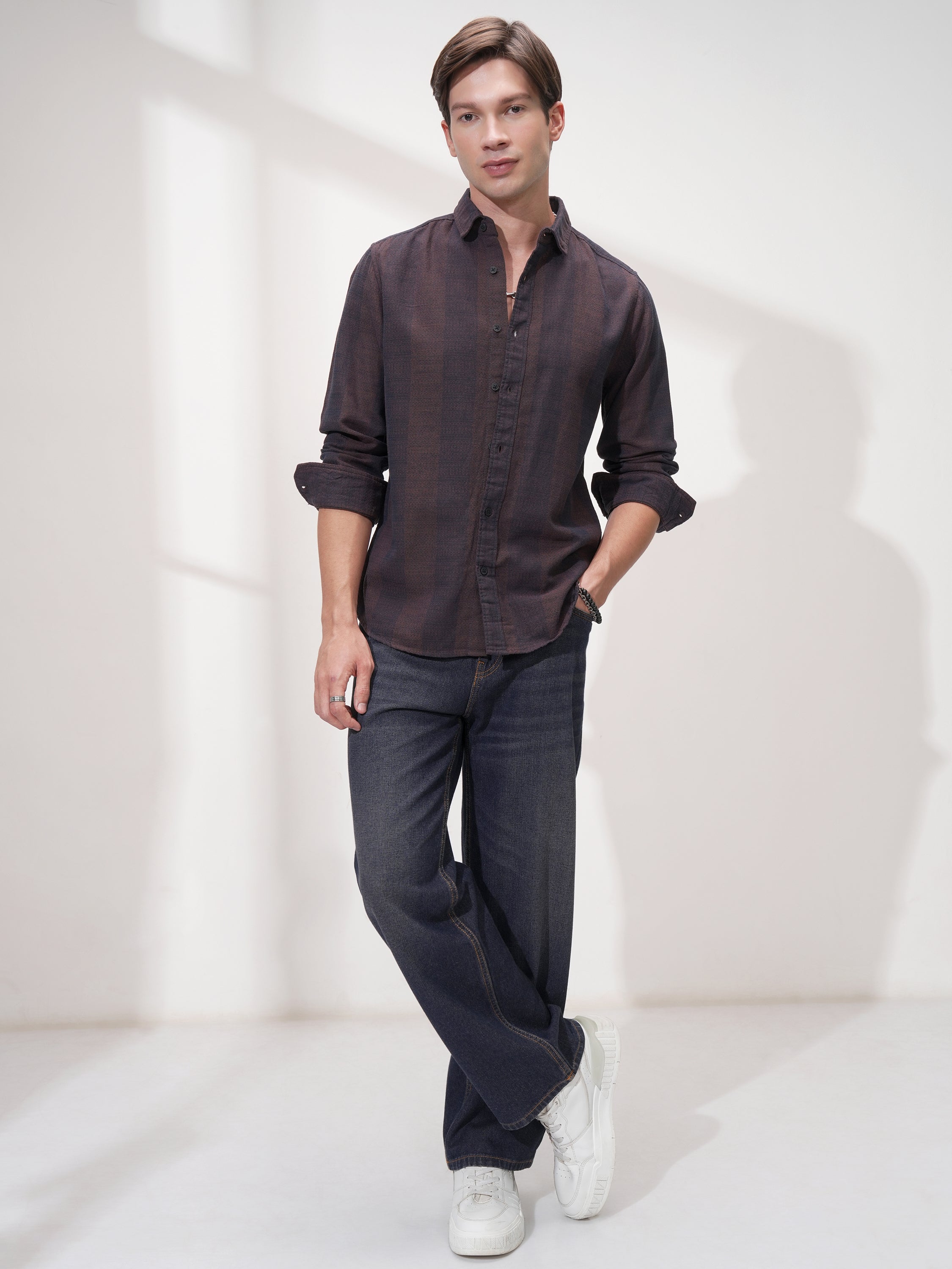 Highlander Men Navy Blue Self Design Slim Fit Casual Shirt - Navy Blue - Image 2
