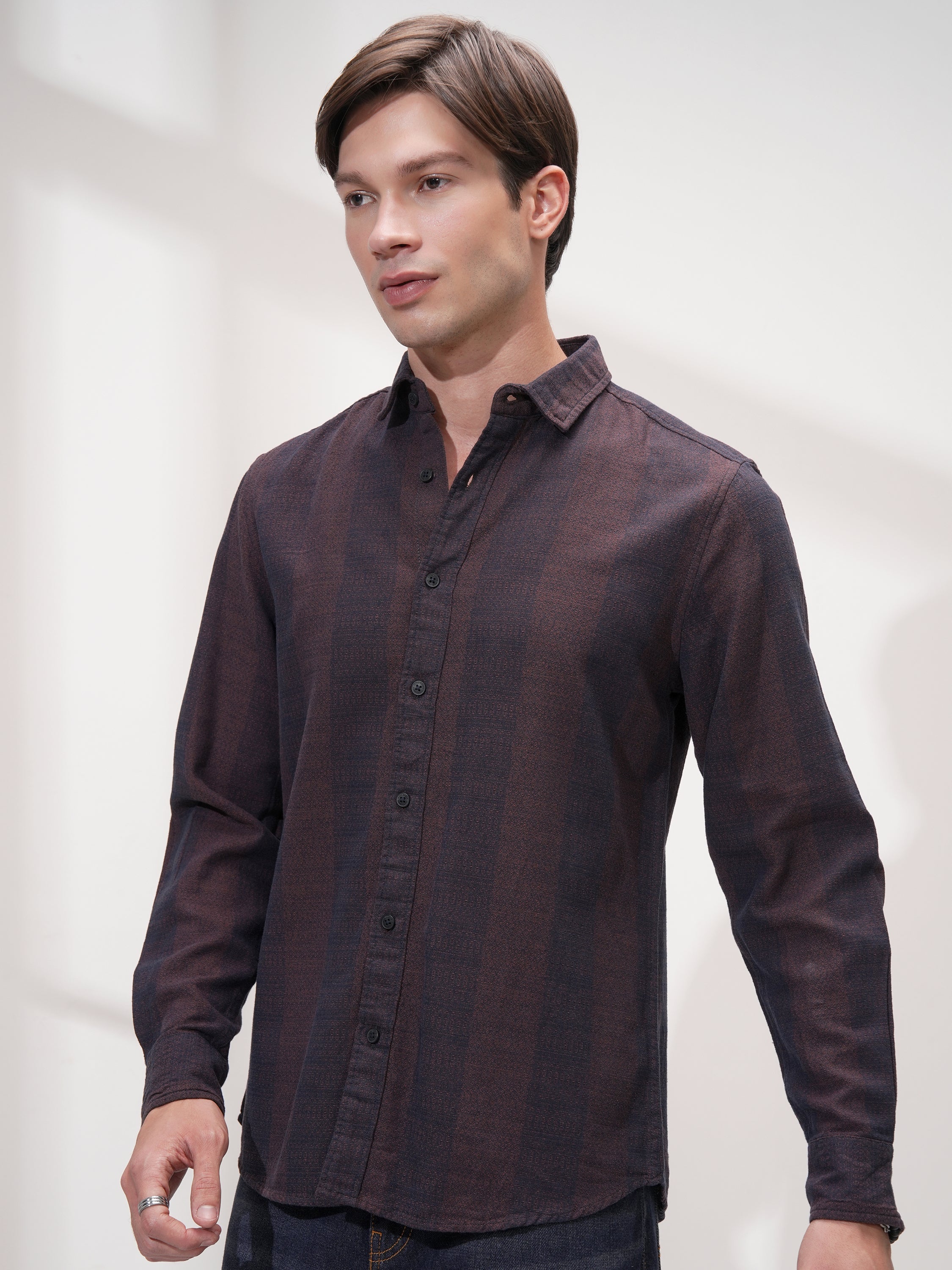 Highlander Men Navy Blue Self Design Slim Fit Casual Shirt - Navy Blue - Image 4