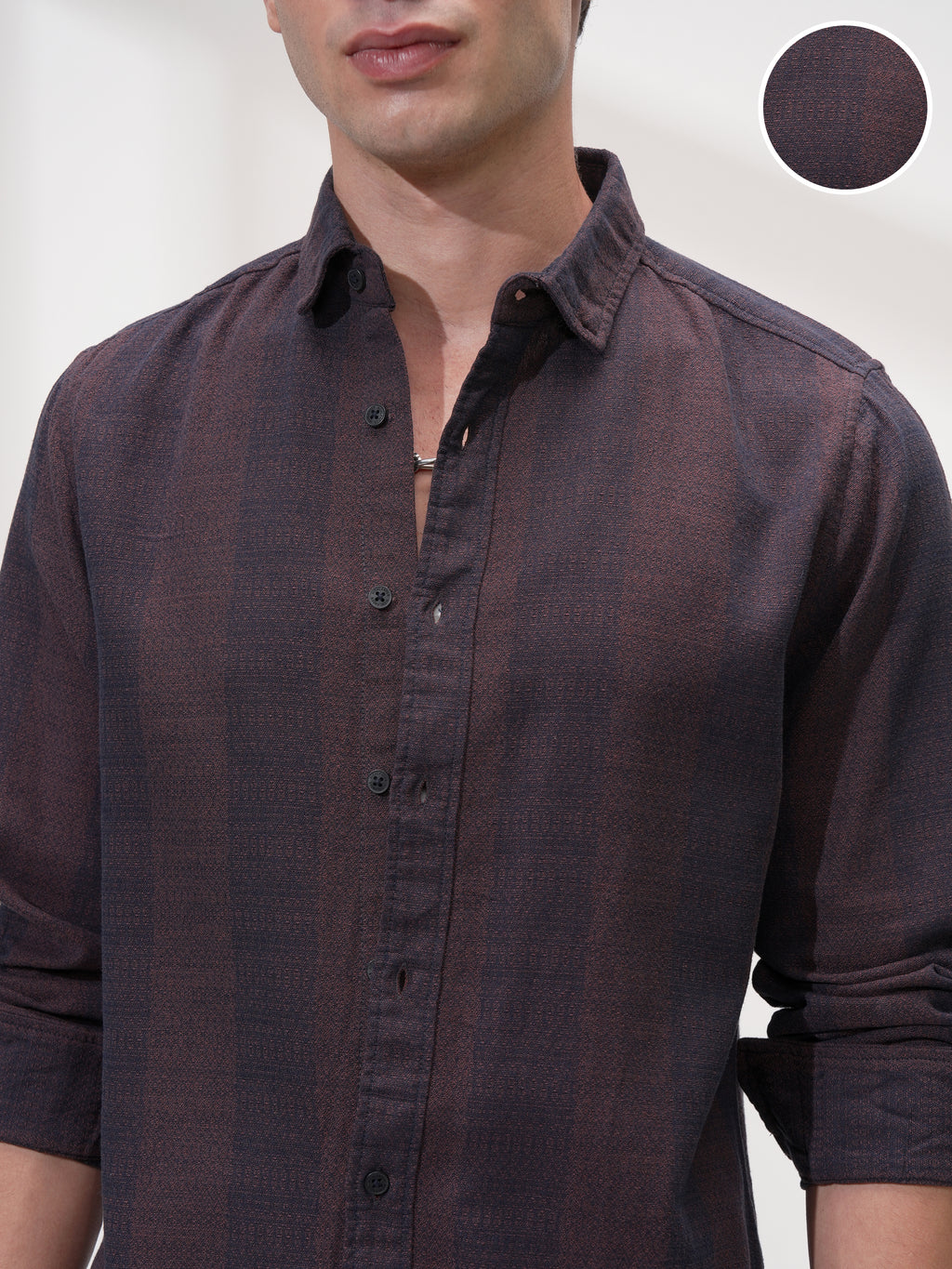 Highlander Men Navy Blue Self Design Slim Fit Casual Shirt - Navy Blue - Image 5
