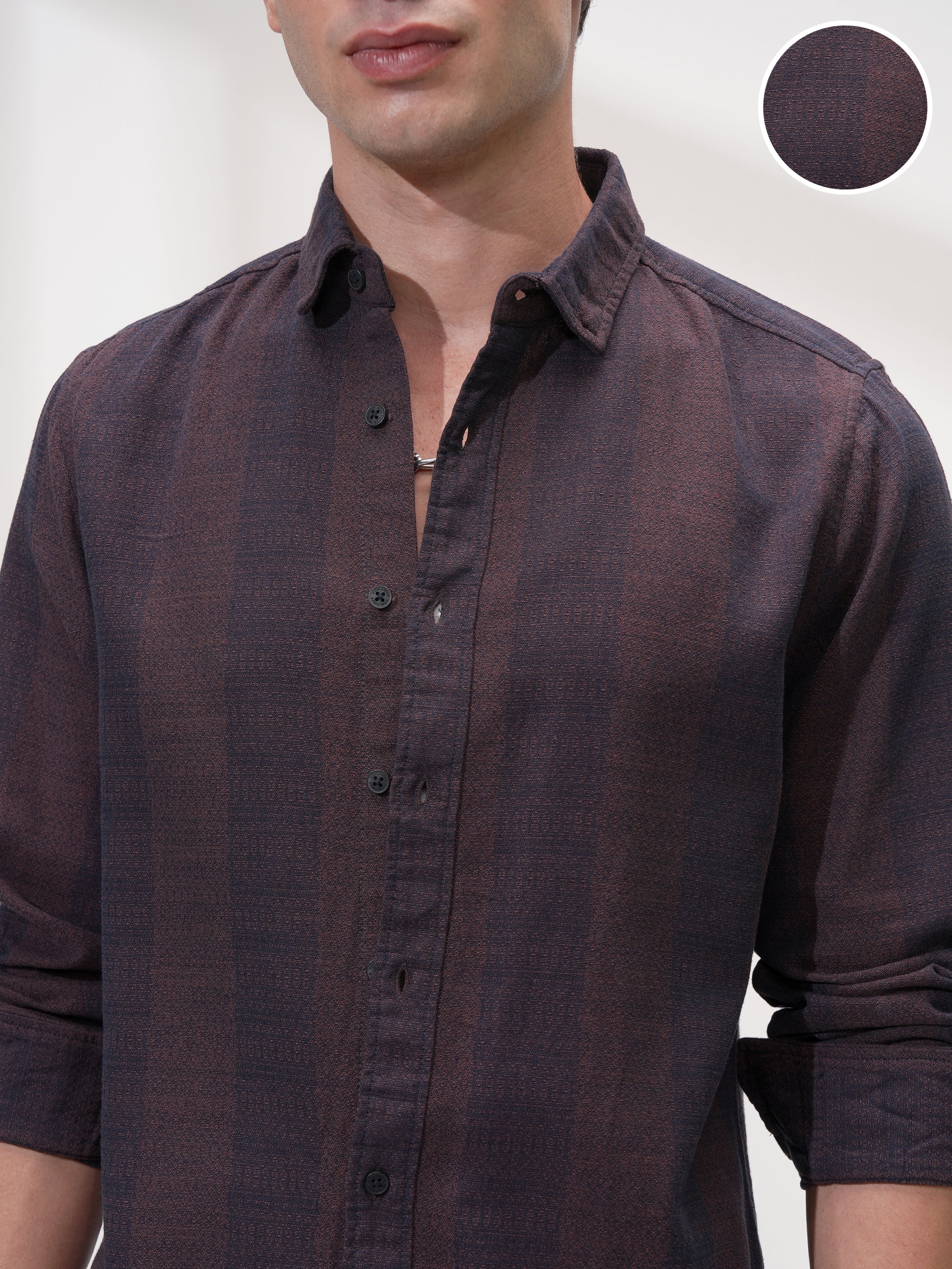 Highlander Men Navy Blue Self Design Slim Fit Casual Shirt - Navy Blue - Image 5